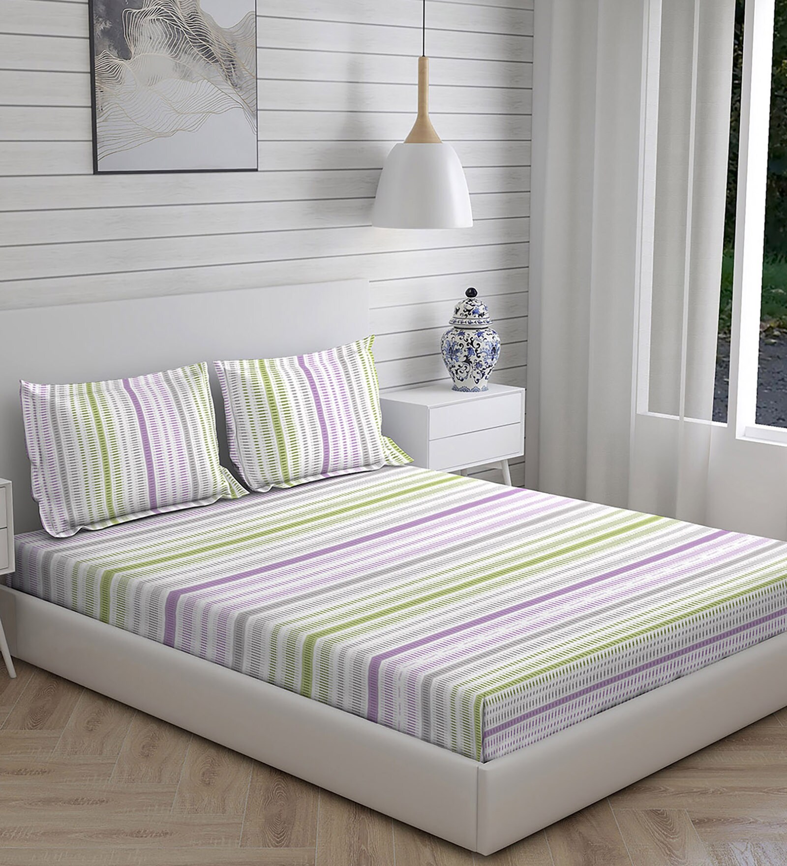 Multicolor Striped 225 TC Cotton Queen Sized Bed Sheets with 2 Pillow Covers
