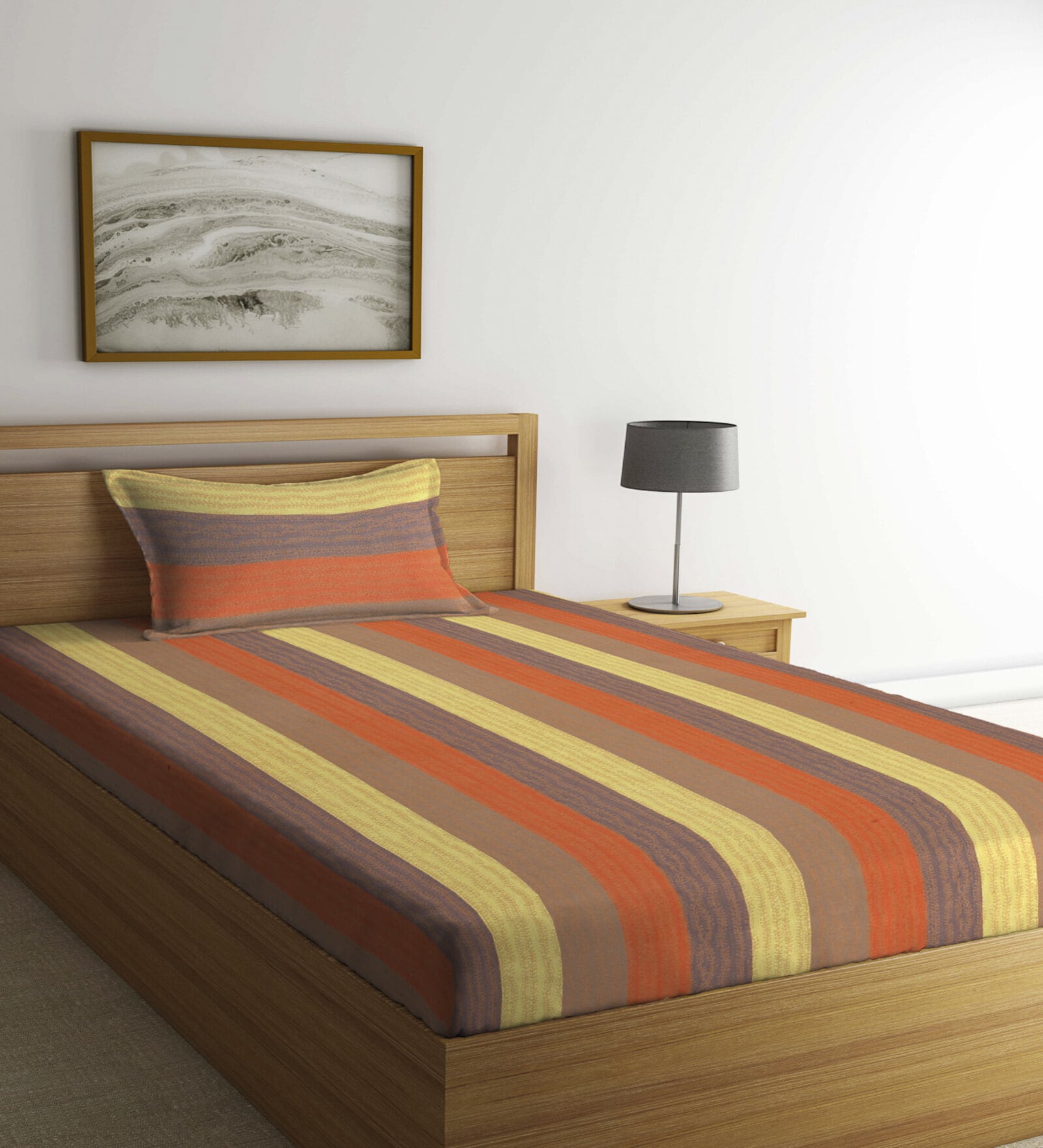 Multicolor Striped 300 TC 100% Cotton Single Bedsheet with 1 Pillow Cover