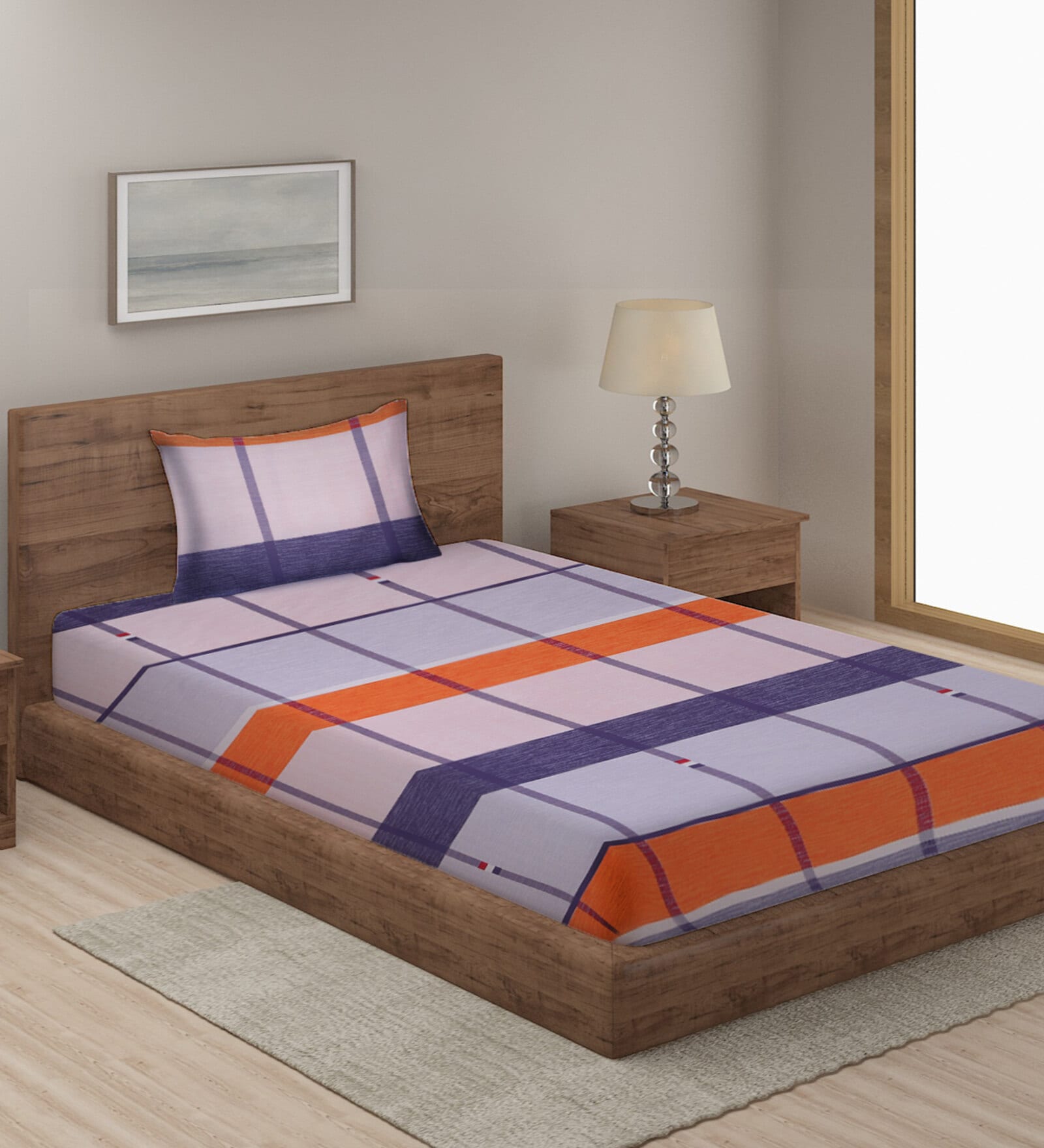 Multicolor Checkered 300 TC Cotton Single Bedsheet with 1 Pillow Cover