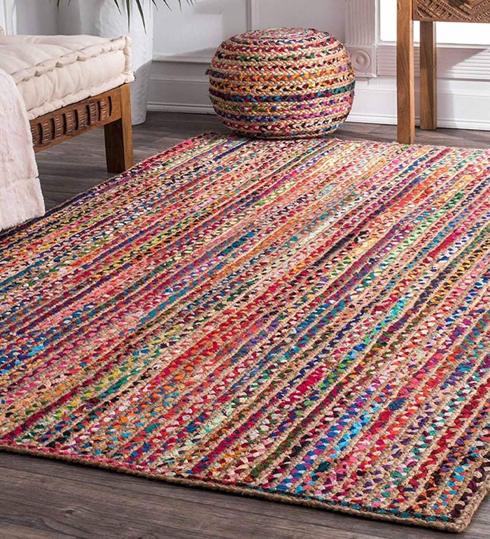 Multicolor Stripes Jute 5 ft x 7 ft Hand Woven Carpet