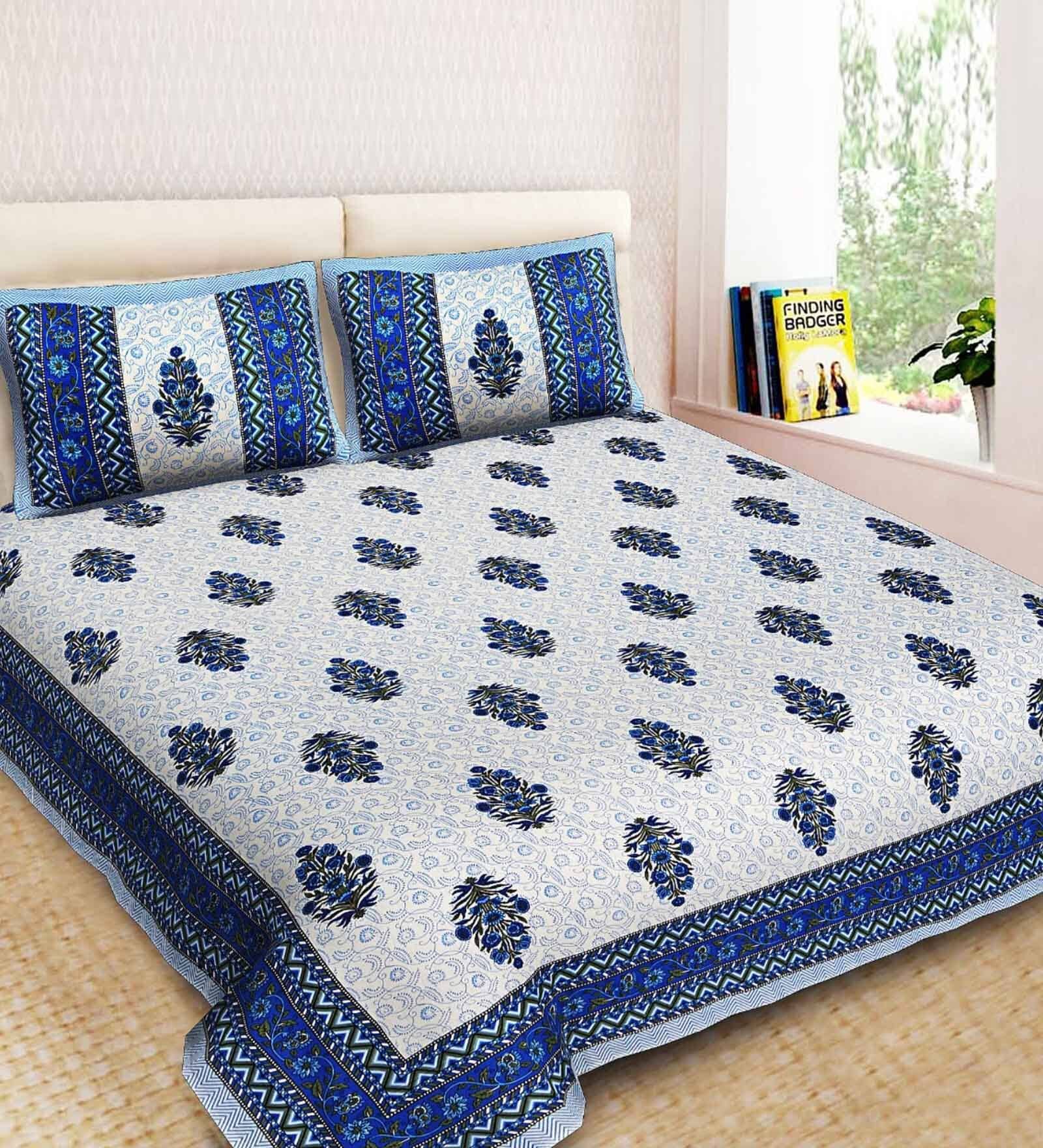 Blue Traditional 144 TC 100% Cotton King Size Bedsheet With 2 Pillow Covers