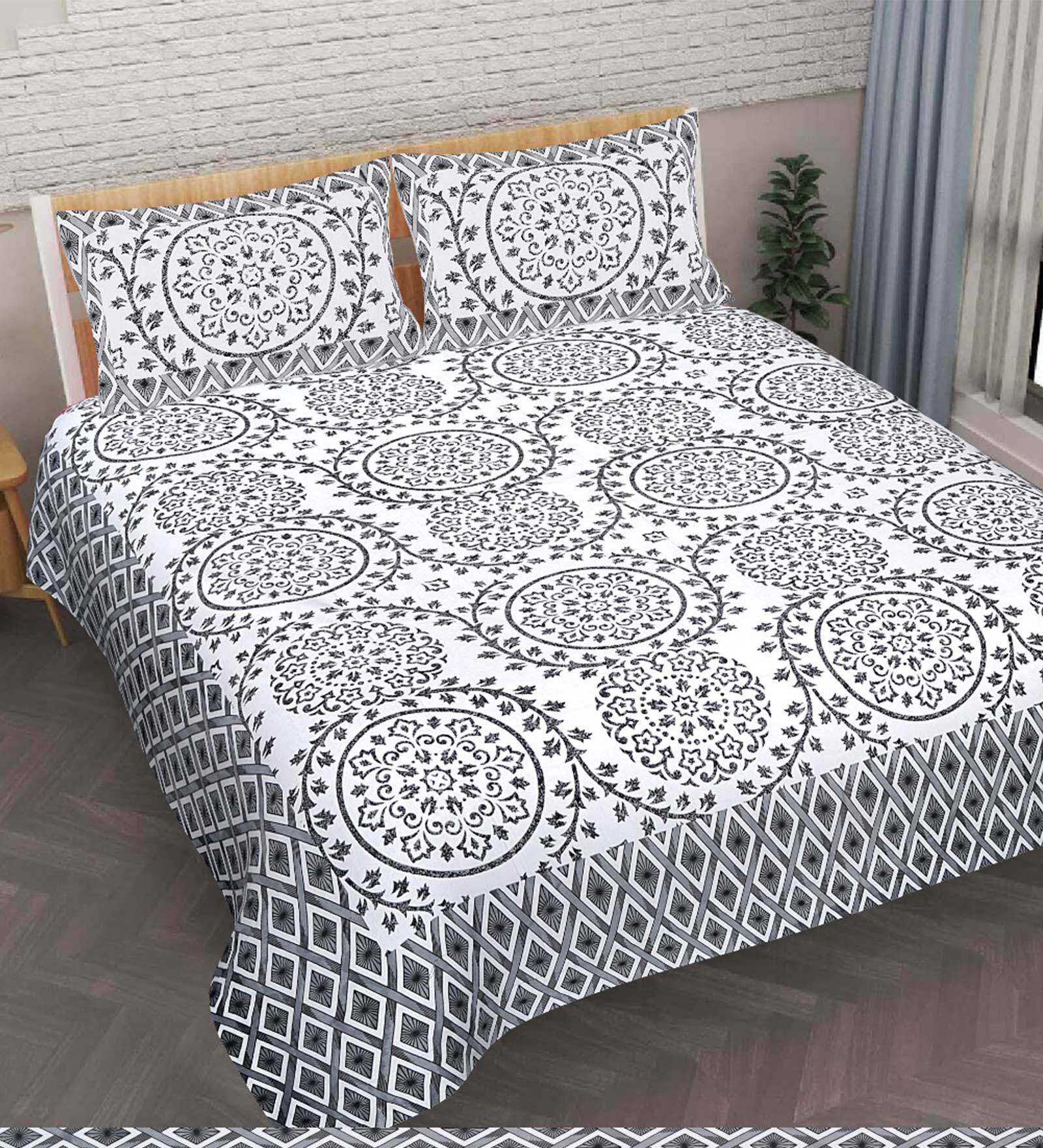 Grey Traditional 144 TC 100% Cotton King Size Bedsheet With 2 Pillow Covers
