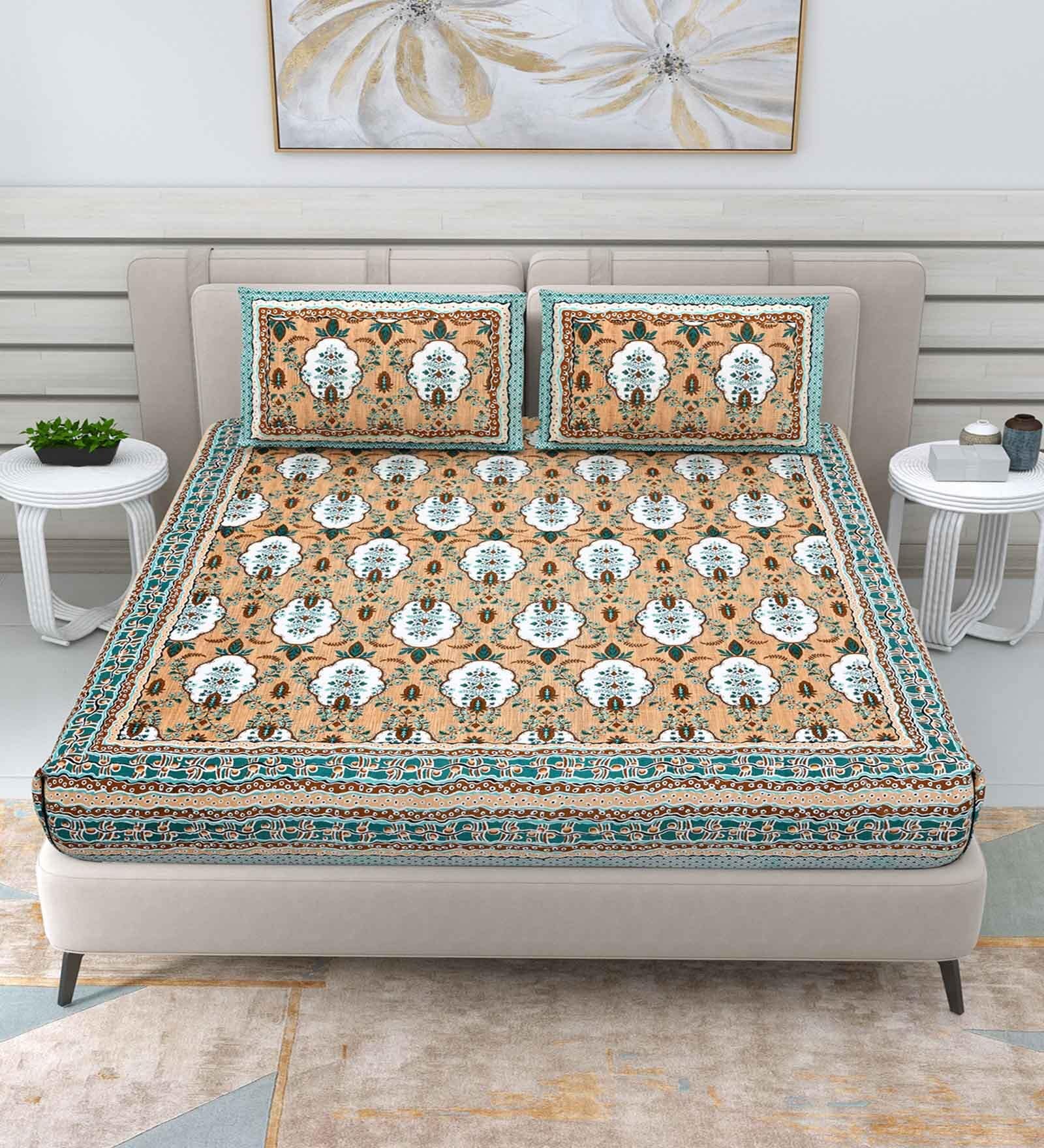 Multicolor Traditional 144 TC Cotton Double Queen Bedsheet With 2 Pillow Covers