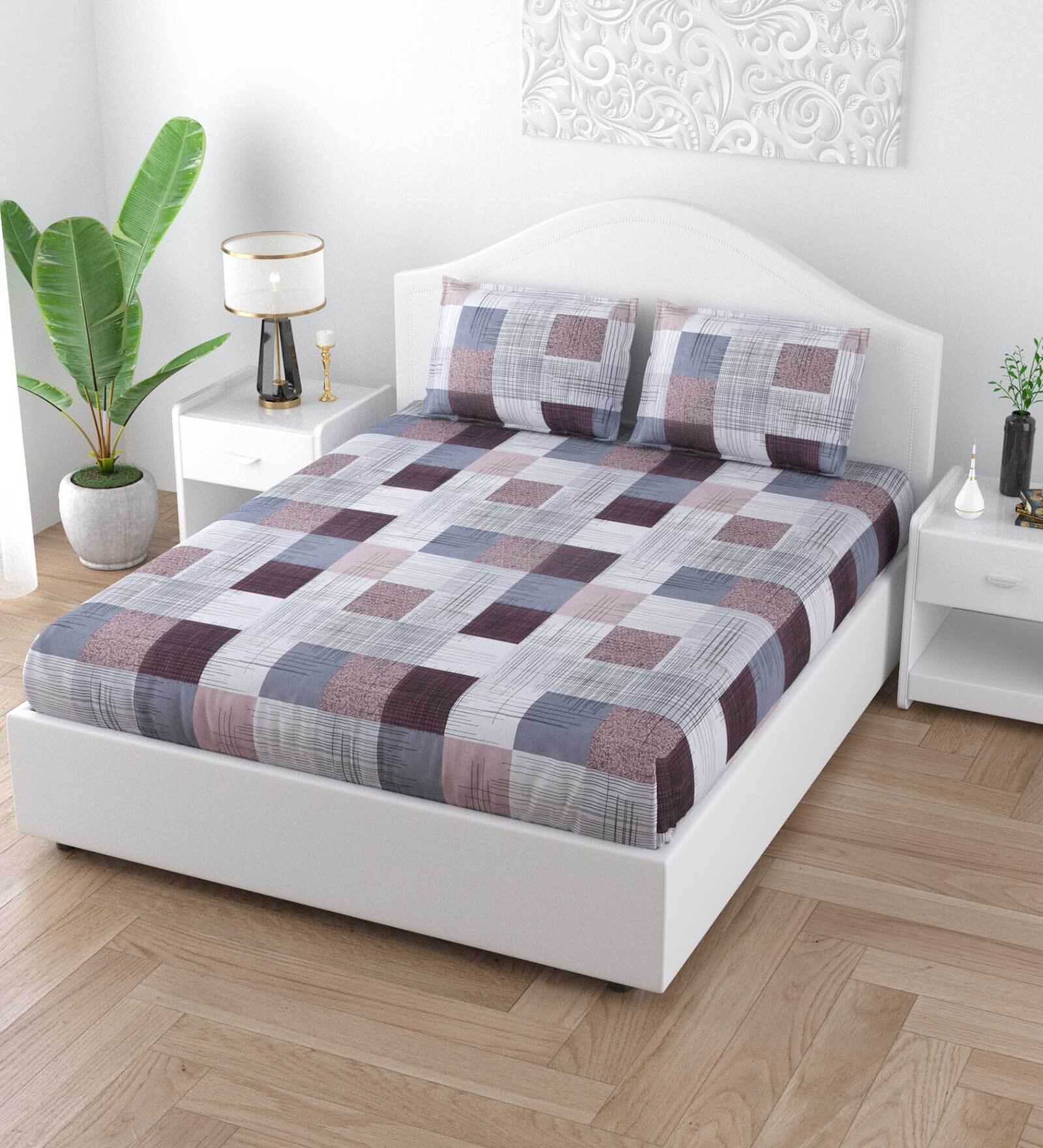 Buy Multicolor Checkered 150 TC Cotton Queen Sized Bed Sheets with 2 ...