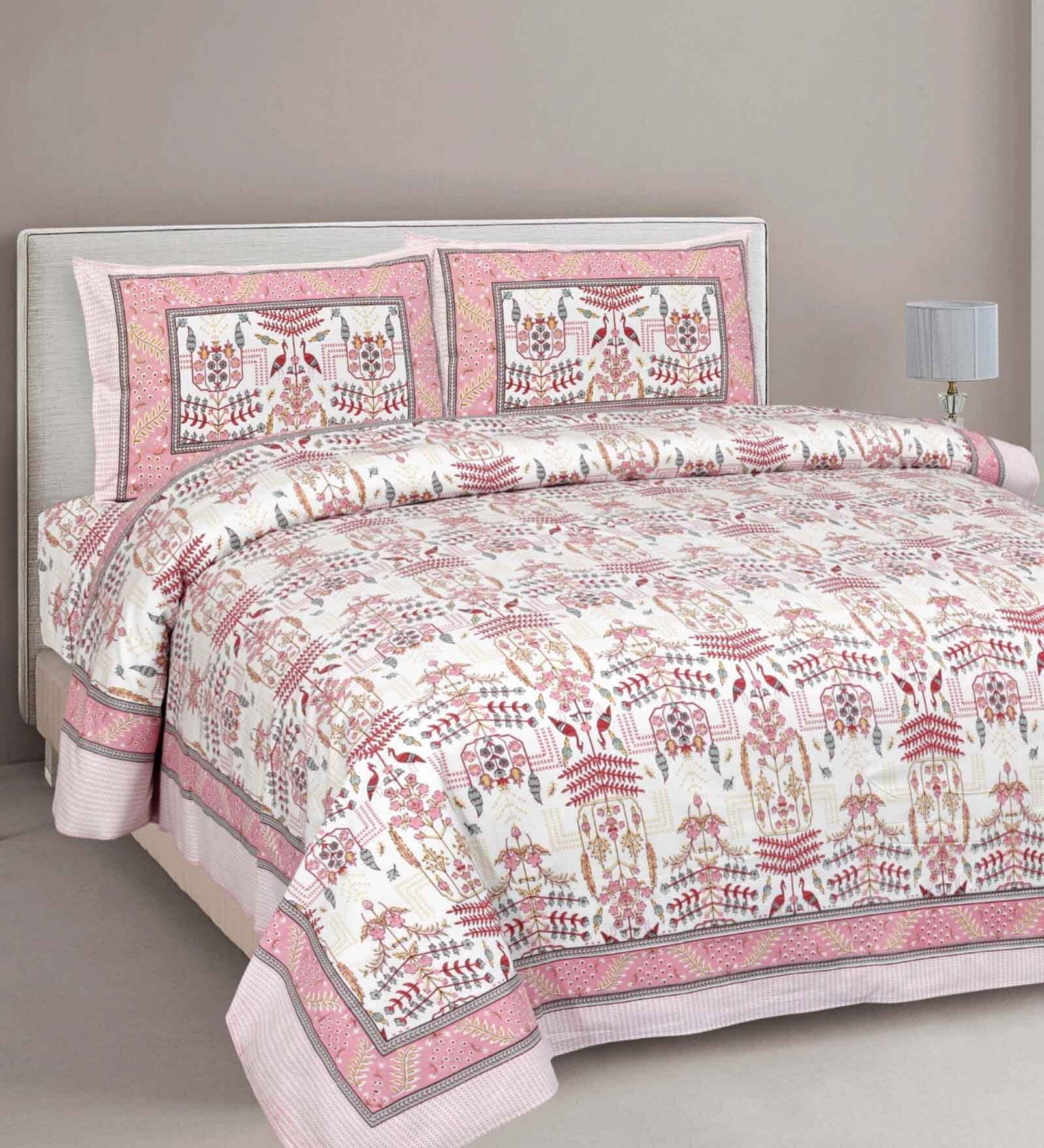 Pink Traditional 180 TC 100% Cotton King Size Bedsheet With 2 Pillow Covers