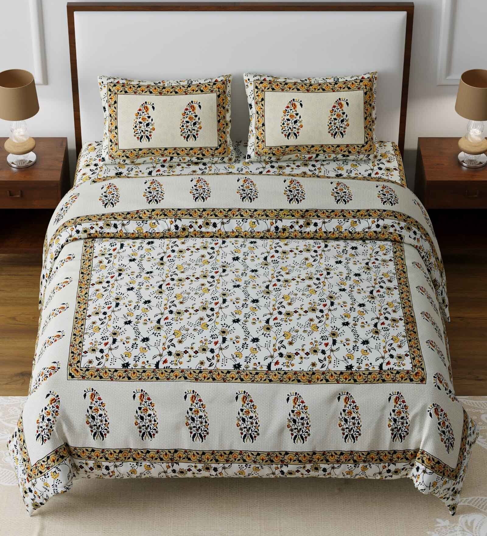 Mustard Traditional 180 TC 100% Cotton King Size Bedsheet With 2 Pillow Covers