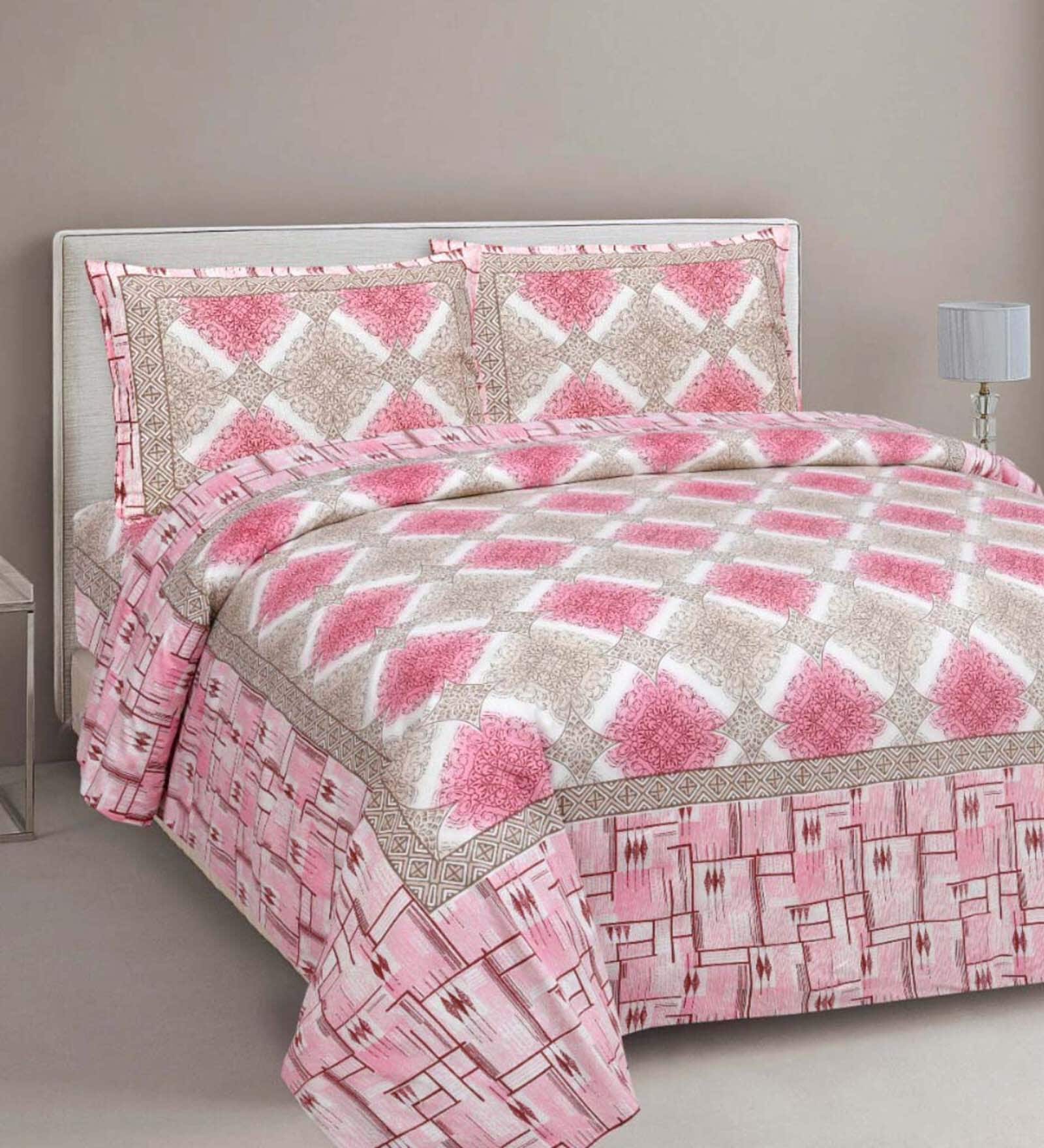Pink Traditional 180 TC 100% Cotton King Size Bedsheet With 2 Pillow Covers