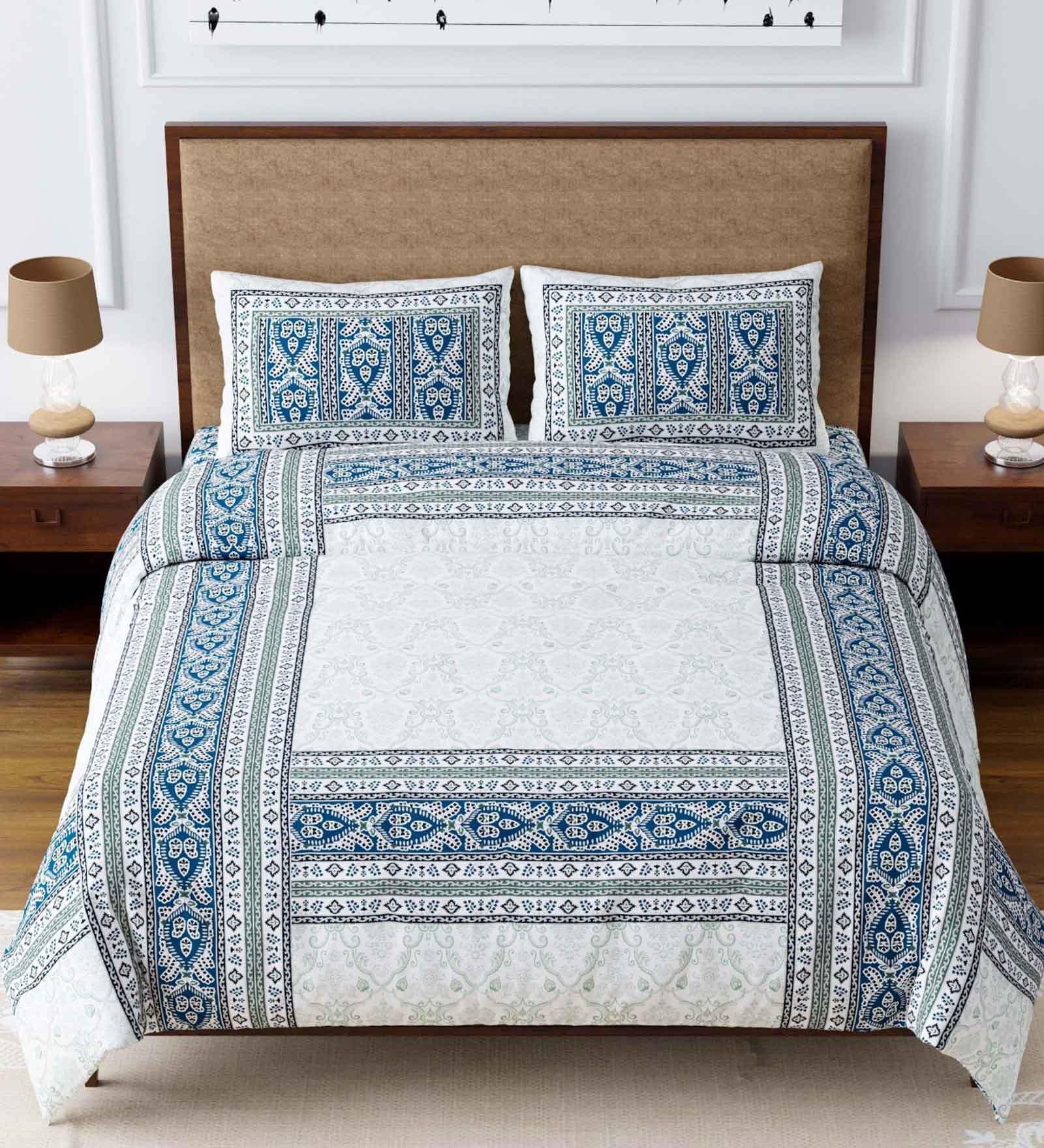 Blue Traditional 180 TC 100% Cotton King Size Bedsheet With 2 Pillow Covers