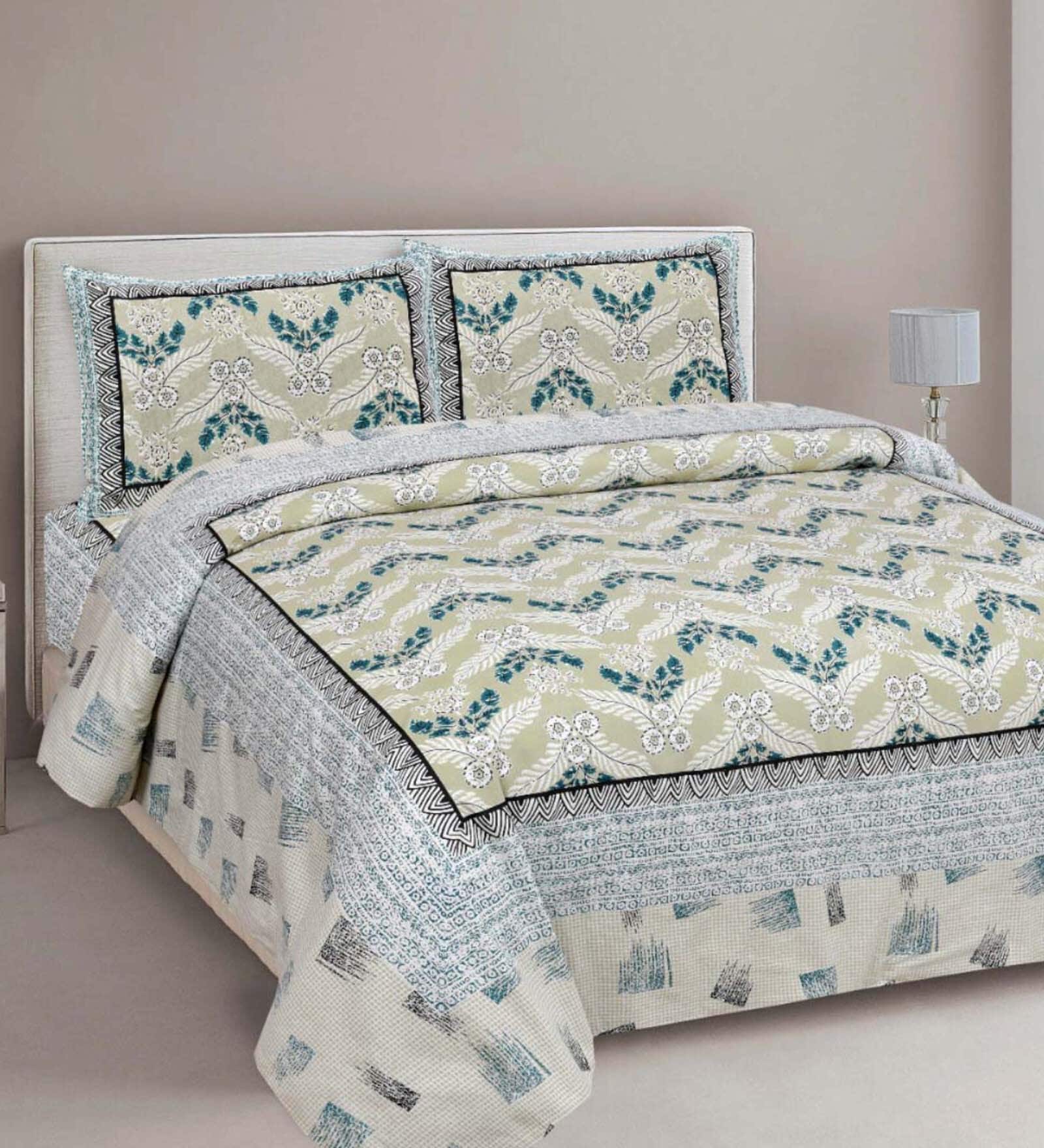 Green Traditional 180 TC 100% Cotton King Size Bedsheet With 2 Pillow Covers