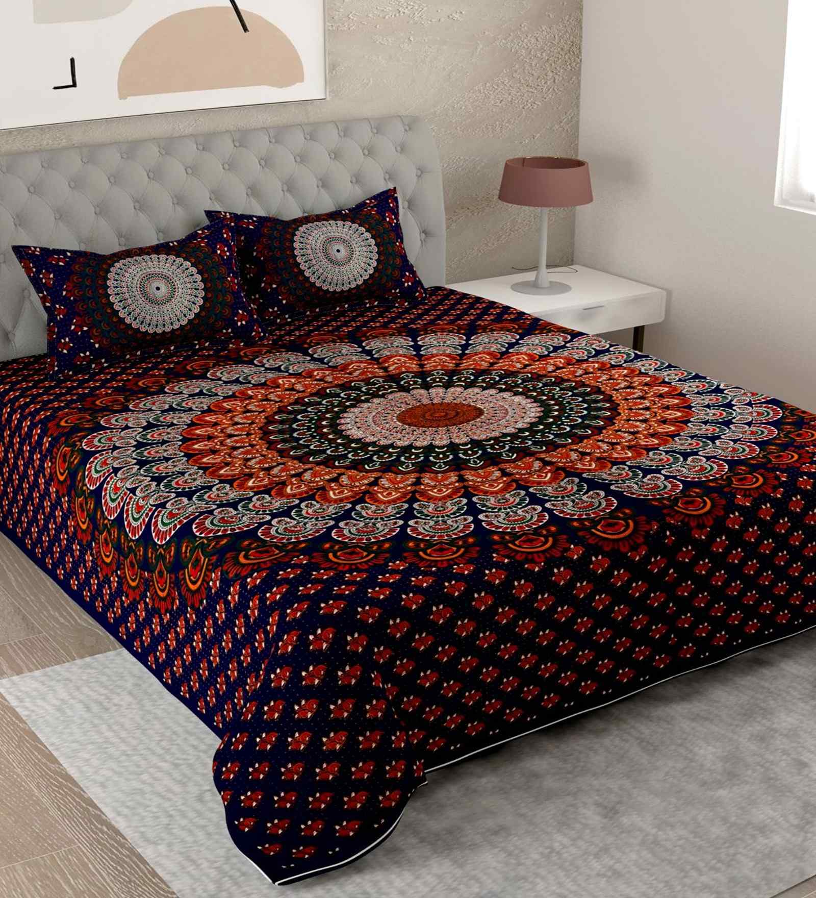 Brown Traditional 180 TC Cotton King Sized Bedsheet with 2 Pillow Covers