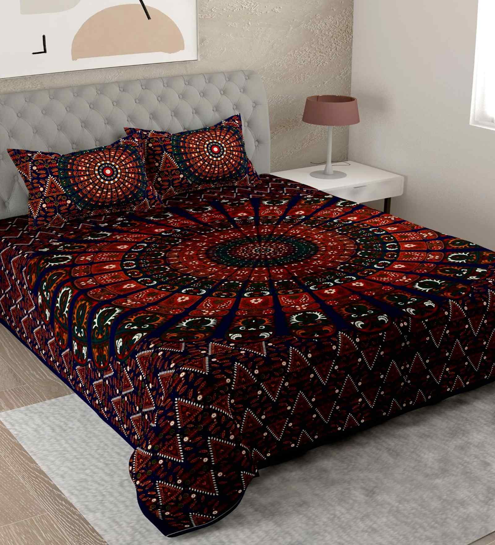 Red Traditional 180 TC Cotton King Sized Bedsheet with 2 Pillow Covers