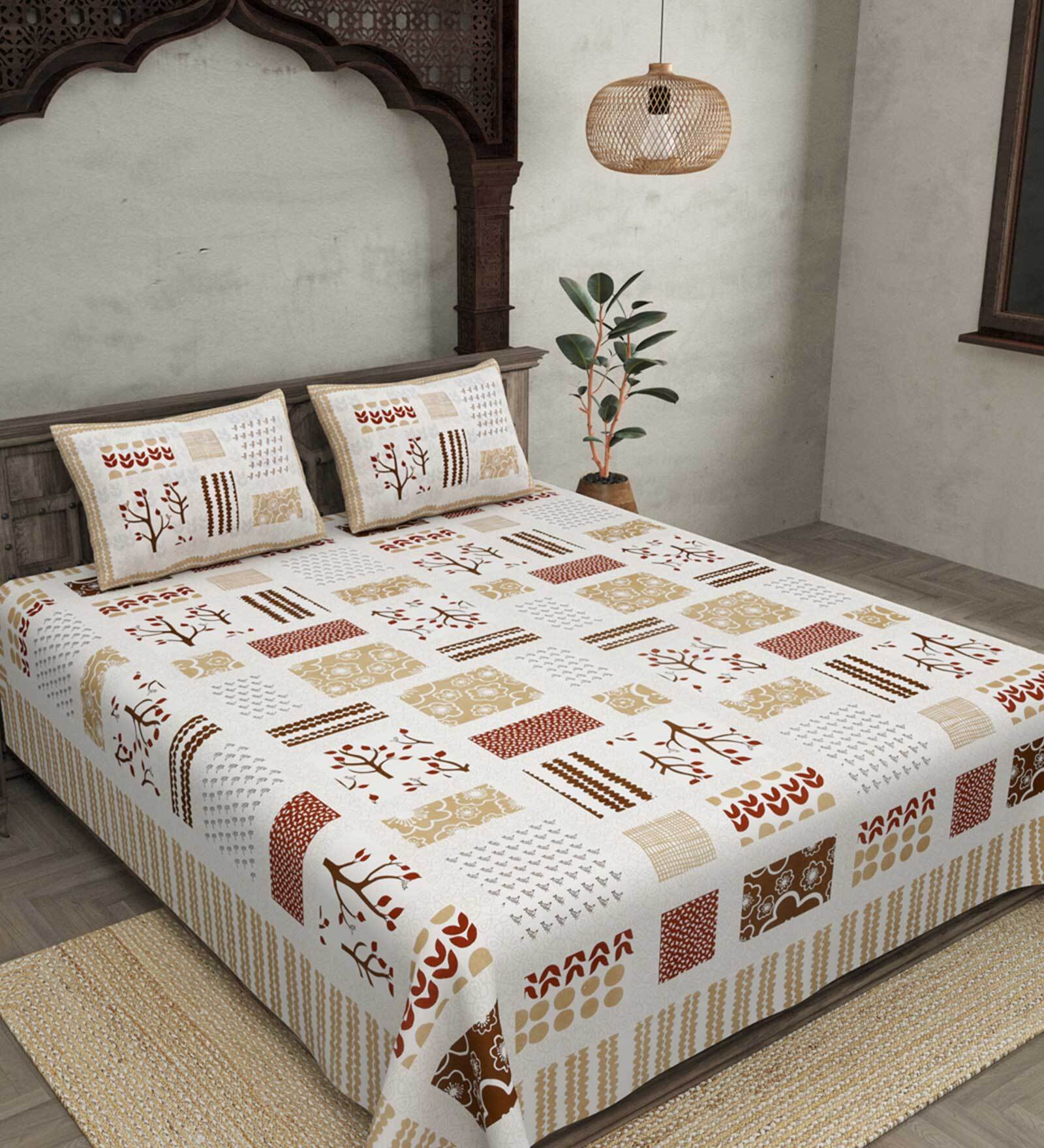 Multicolor Abstract 240 TC Cotton King Sized Bed Sheets with 2 Pillow Covers