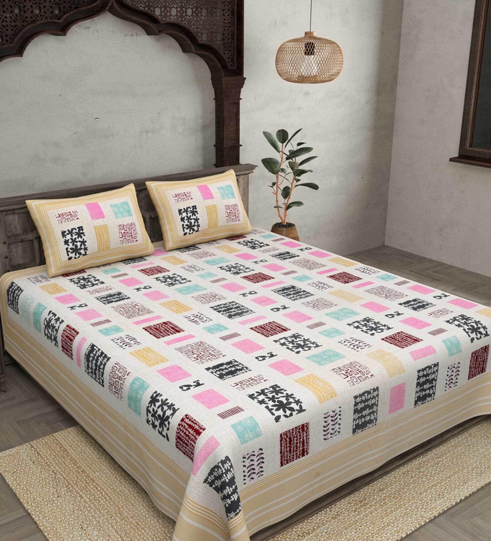 Multicolor Geometric 240 TC Cotton King Sized Bed Sheets with 2 Pillow Covers