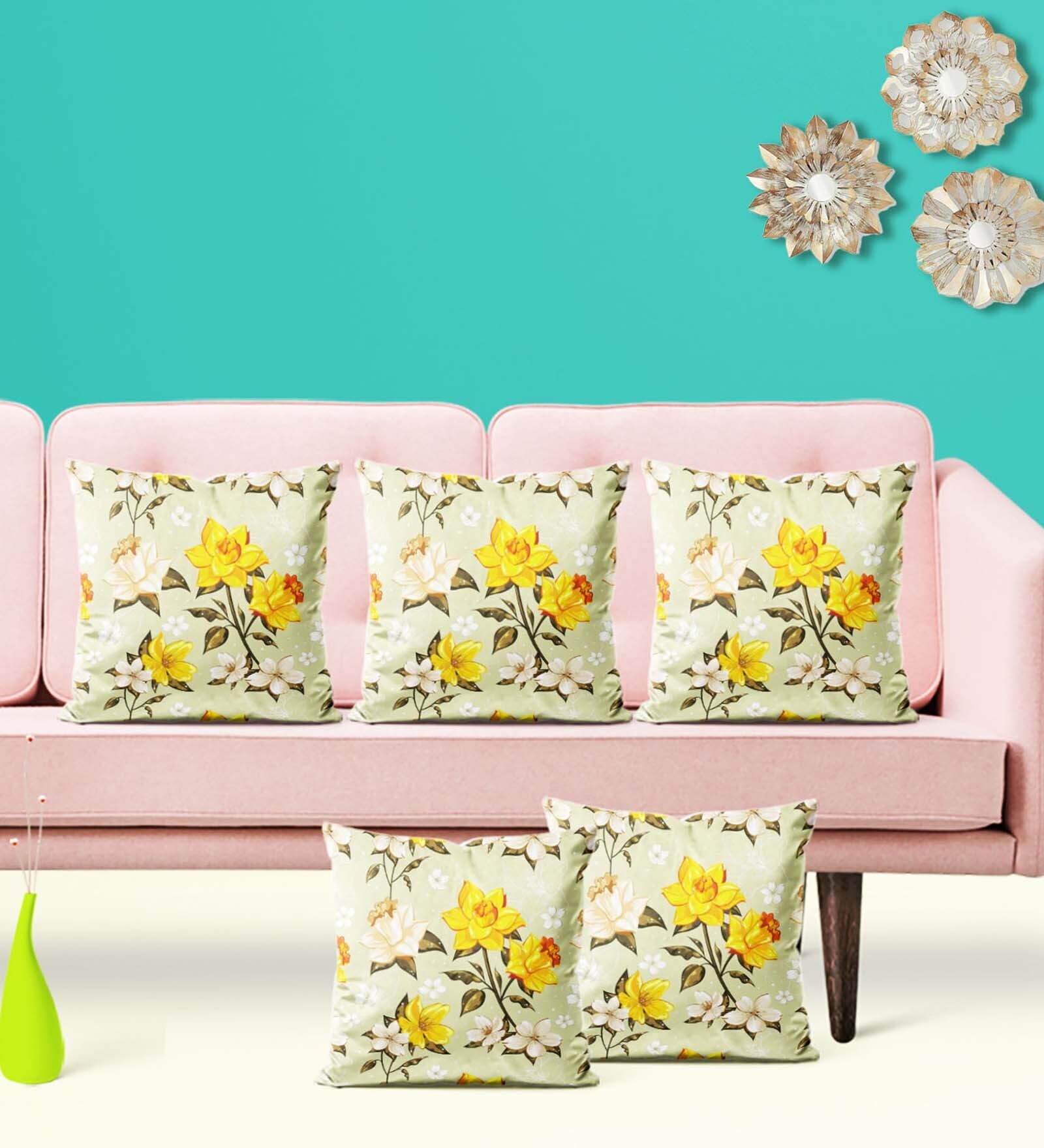 Yellow & Cream Floral Velvet 12 x 12 Inches Cushion Covers (Set of 5)