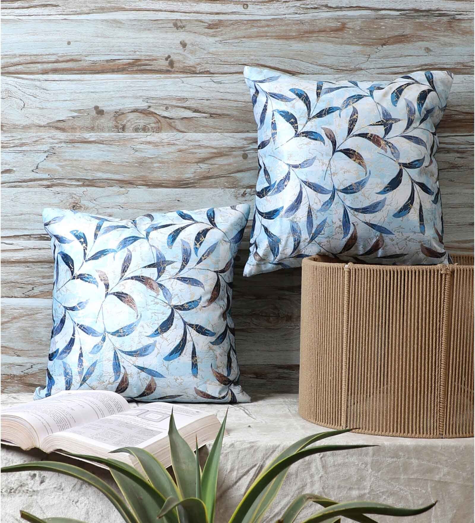 Blue Velvet Floral 16x16 inches Cushion Covers (Pack of 2)