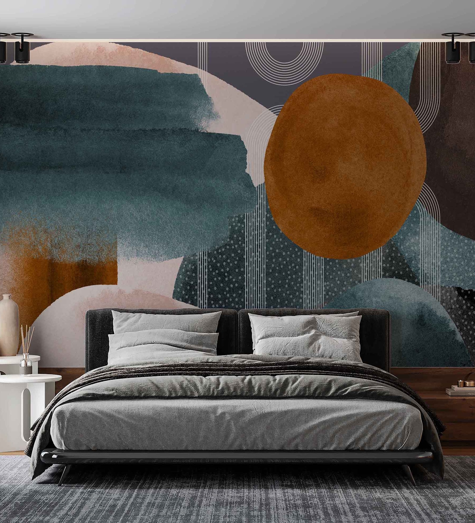 Teal Gold Sun Abstract Vinyl Abstract Self Adhesive Wallpaper (3 ft X 3 ft)