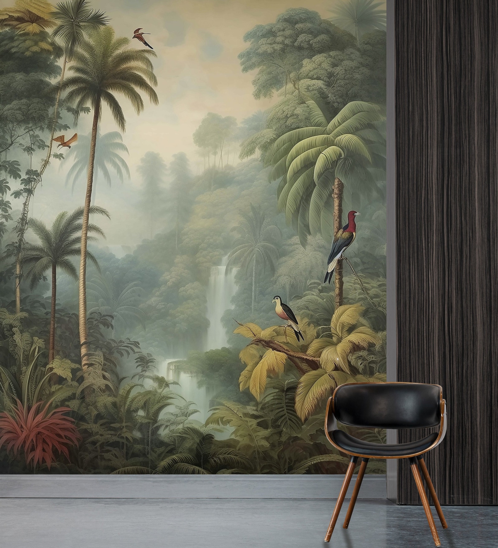 Palm Waterfall Oasis Vinyl Botanical Self Adhesive Wallpaper (3 ft X 3 ft)