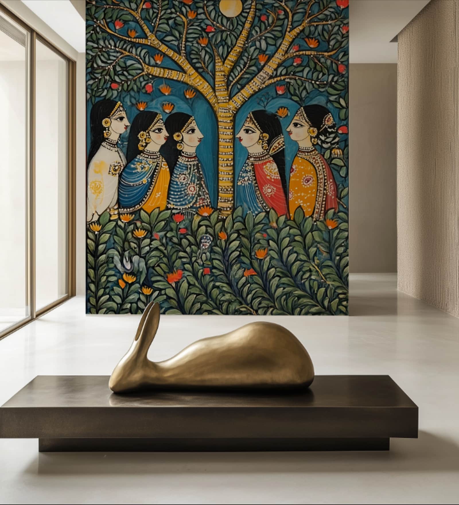 Folk Village Tree Art Vinyl Decorative Self Adhesive Wallpaper (3 ft X 3 ft)