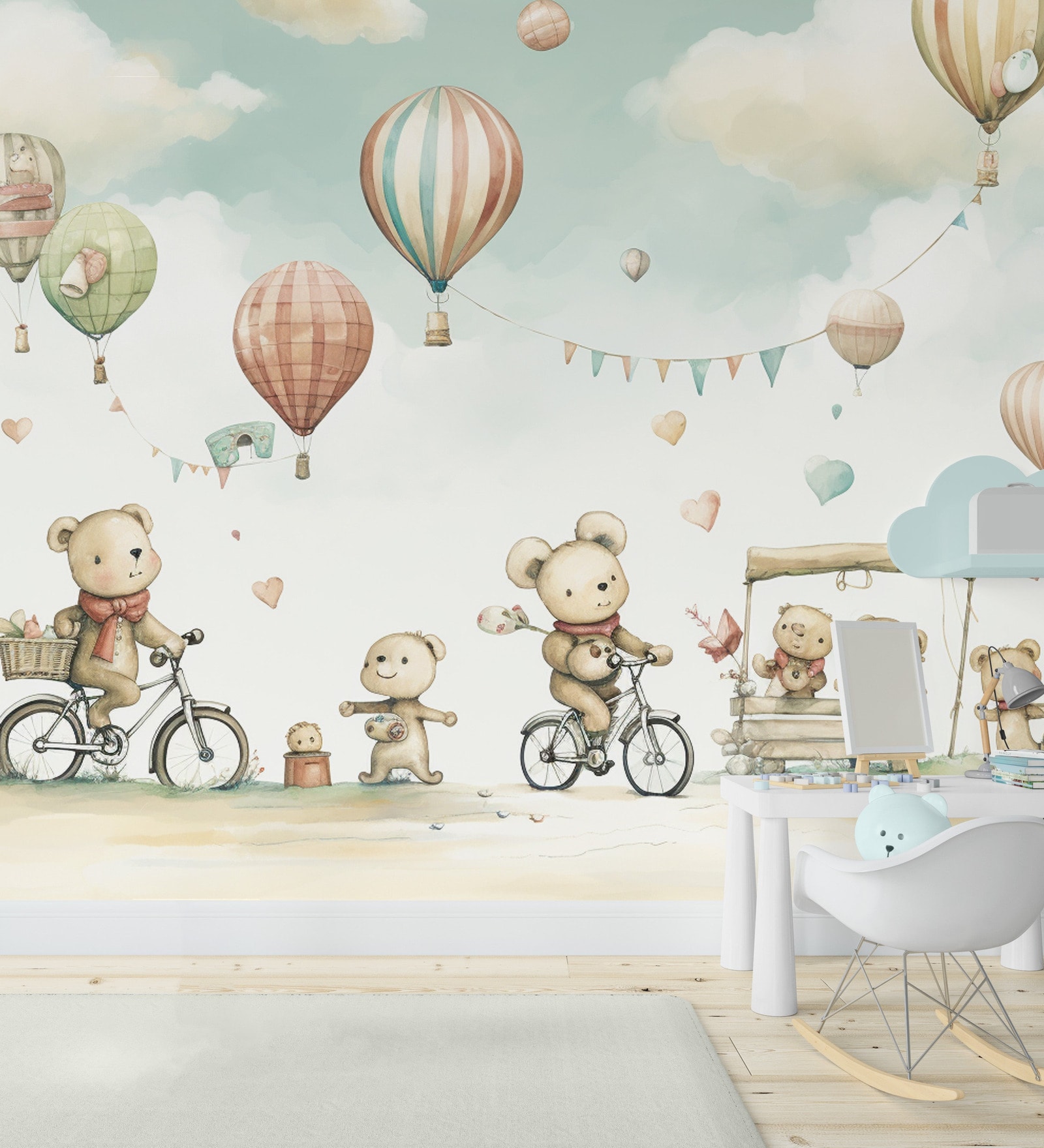 Teddy Bear Bicycle Ride Vinyl Decorative Self Adhesive Wallpaper (3 ft X 3 ft)