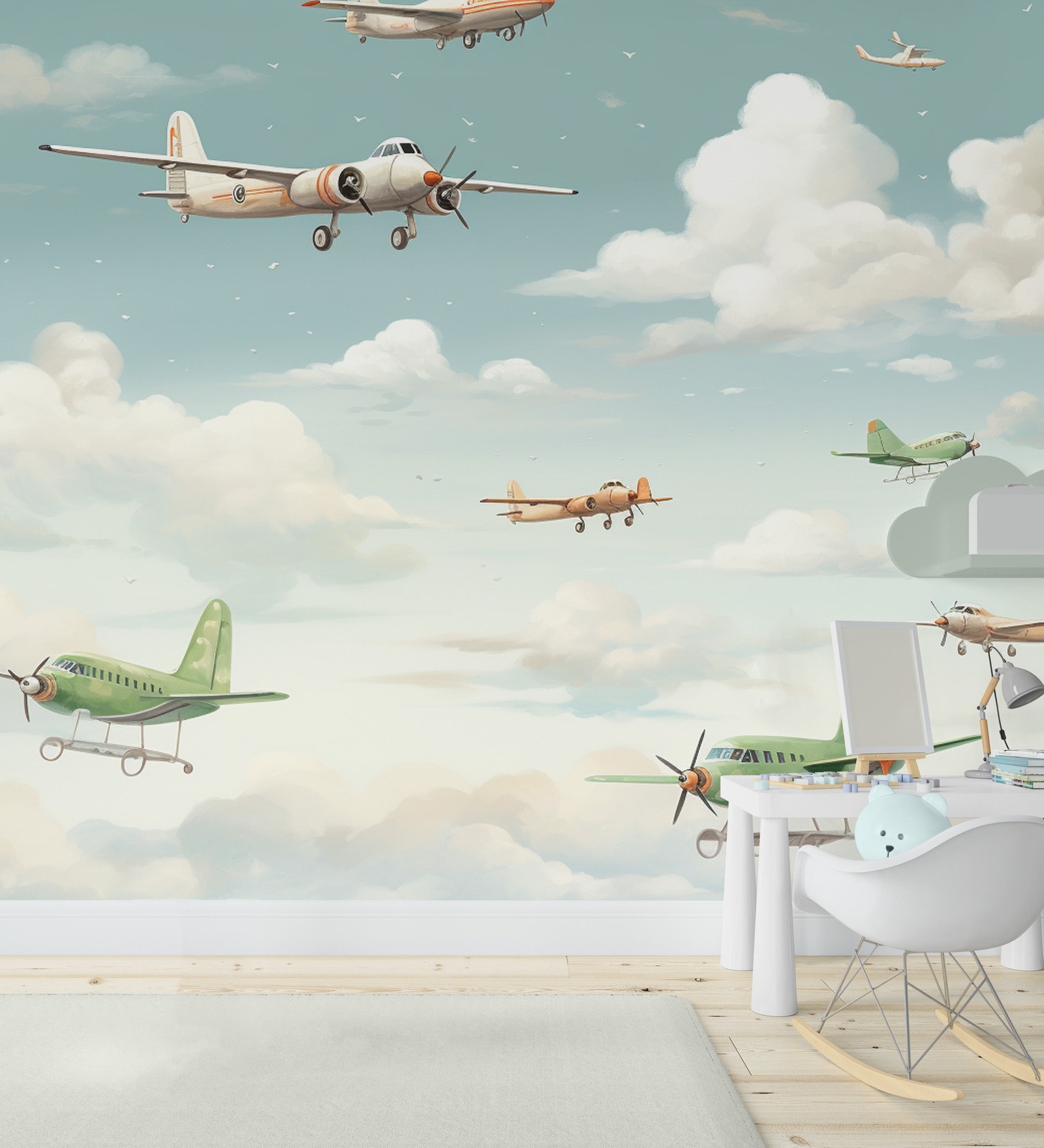 Olive Airplane Squadron Vinyl Decorative Self Adhesive Wallpaper (3 ft X 3 ft)