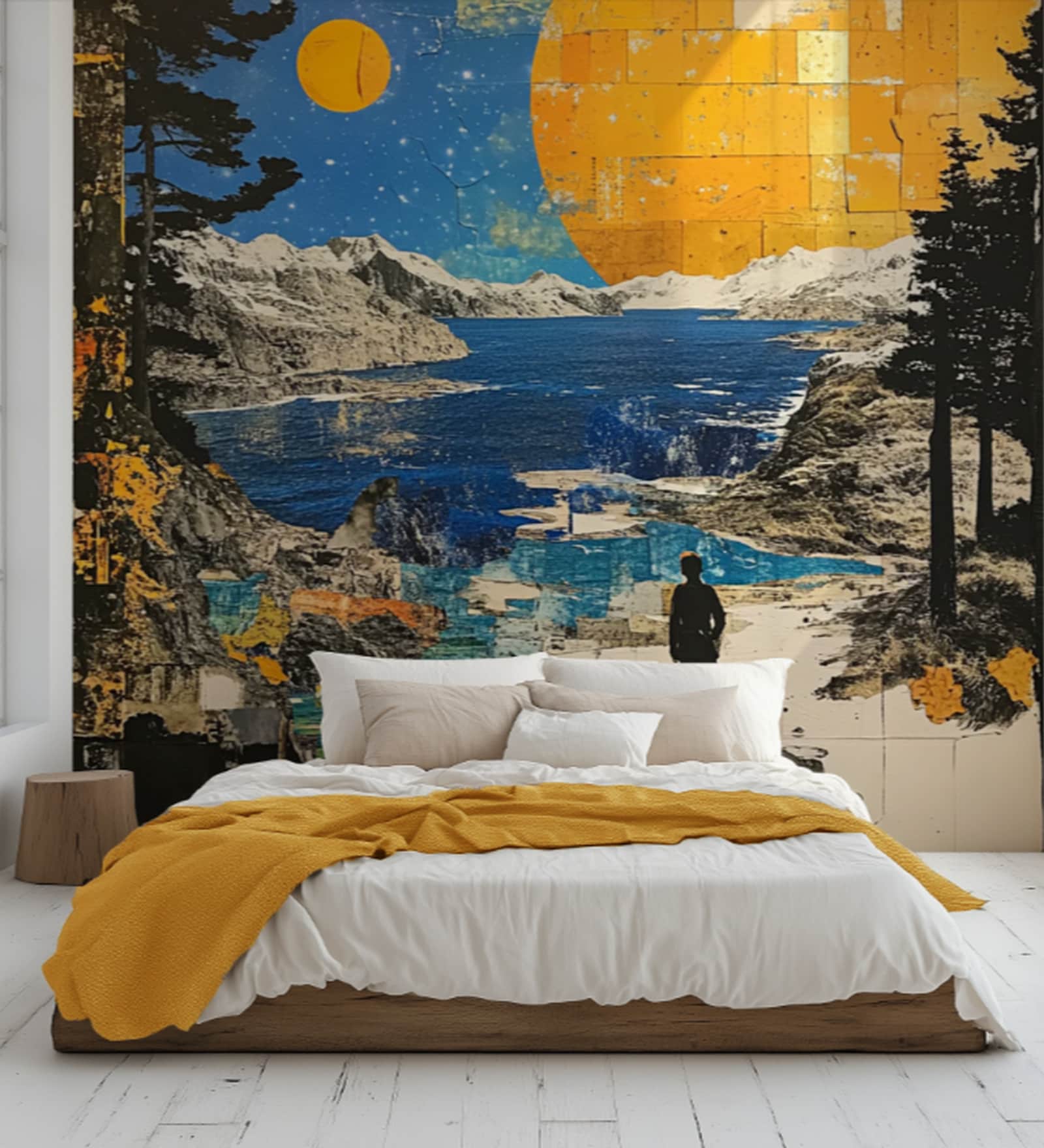 Golden Moonlit Mountains Vinyl Decorative Self Adhesive Wallpaper (3 ft X 3 ft)