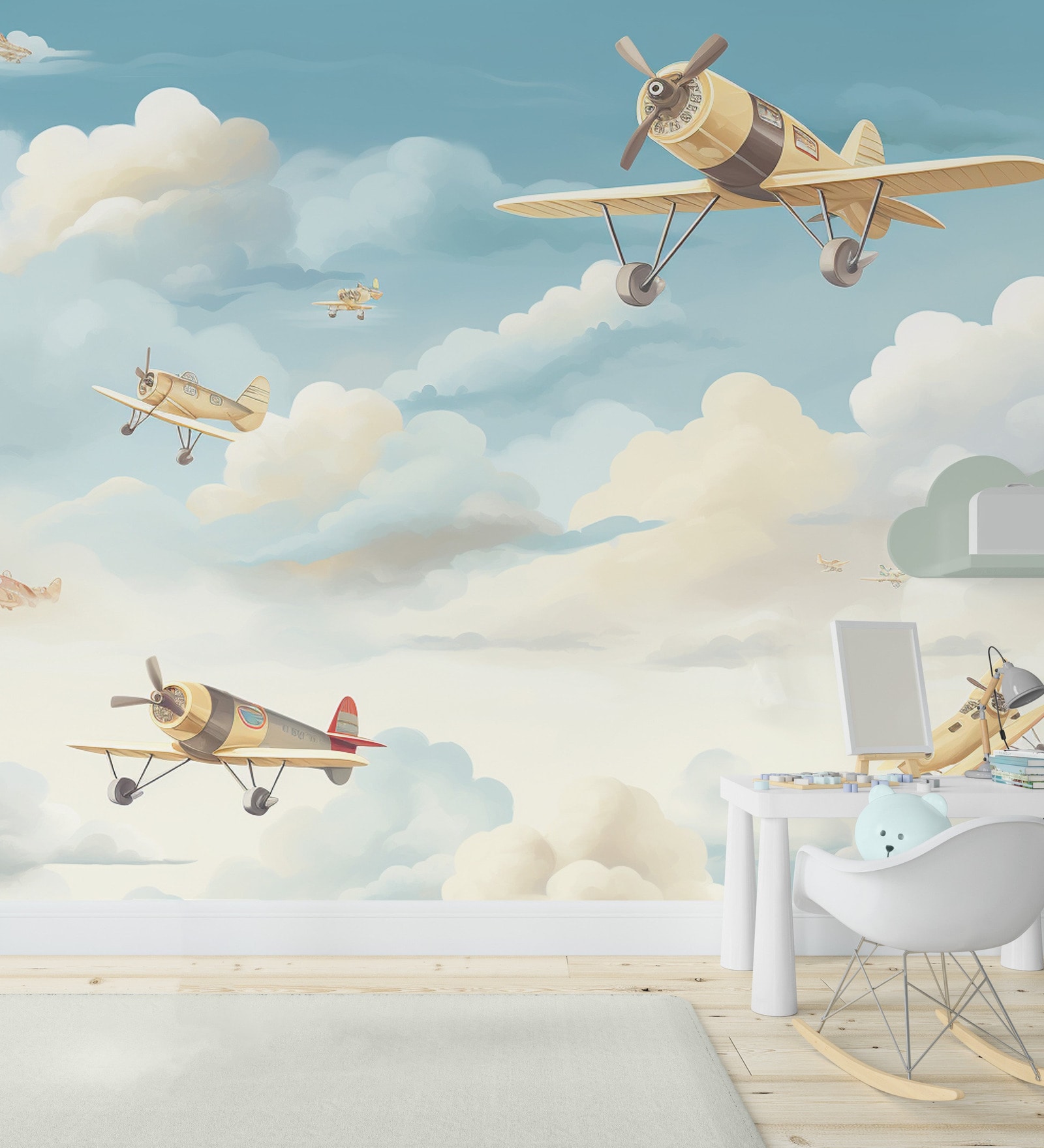Solo Aeroplane Cloudscape Vinyl Decorative Self Adhesive Wallpaper (3 ft X 3 ft)