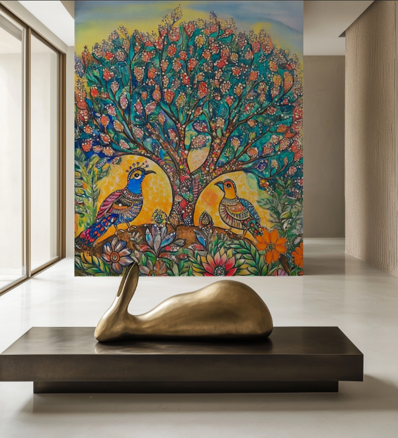 Colorful Songbird Tree Vinyl Decorative Self Adhesive Wallpaper (3 ft X 3 ft)