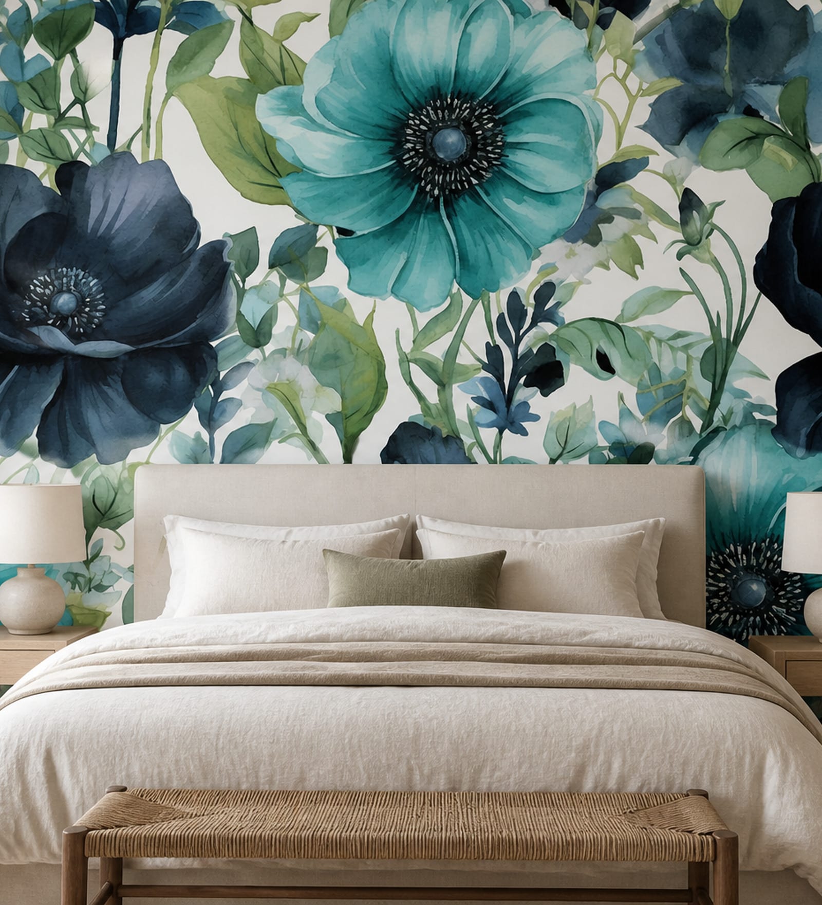 Teal Poppy Bloom Vinyl Floral Self Adhesive Wallpaper (3 ft X 3 ft)
