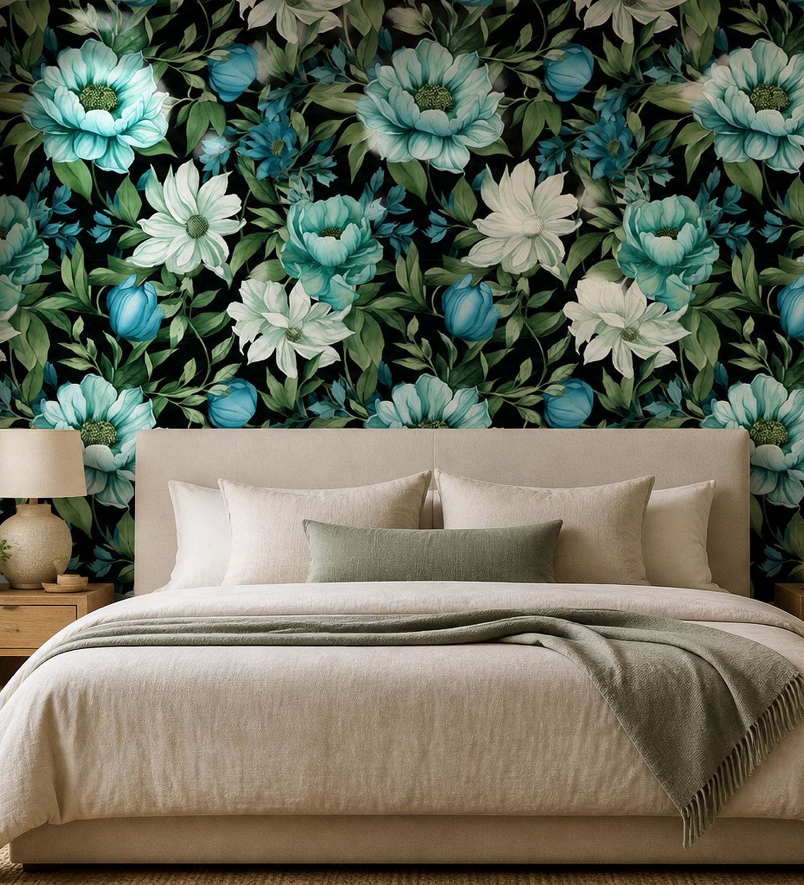Teal Floral Bloom Vinyl Floral Self Adhesive Wallpaper (3 ft X 3 ft)