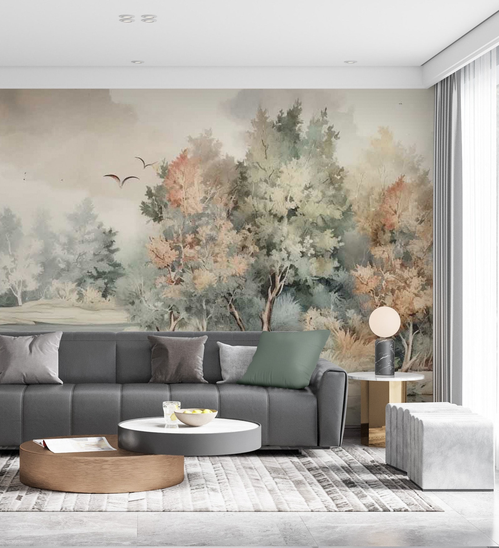 Pastel Tree Horizon Vinyl Landscape Self Adhesive Wallpaper (3 ft X 3 ft)