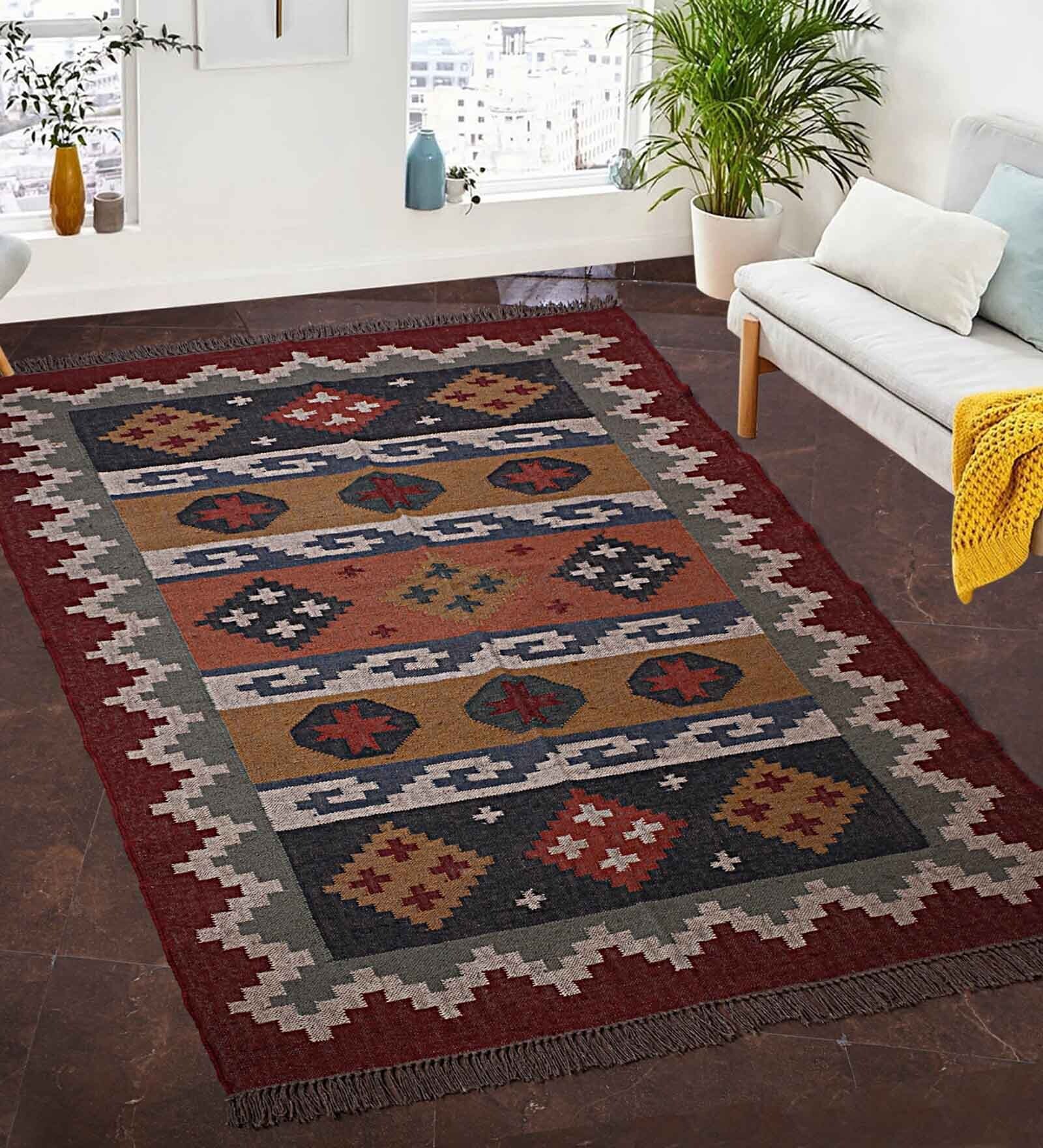 Multicolor Wool & Jute 5 ft X 8 ft Hand Woven Dhurrie