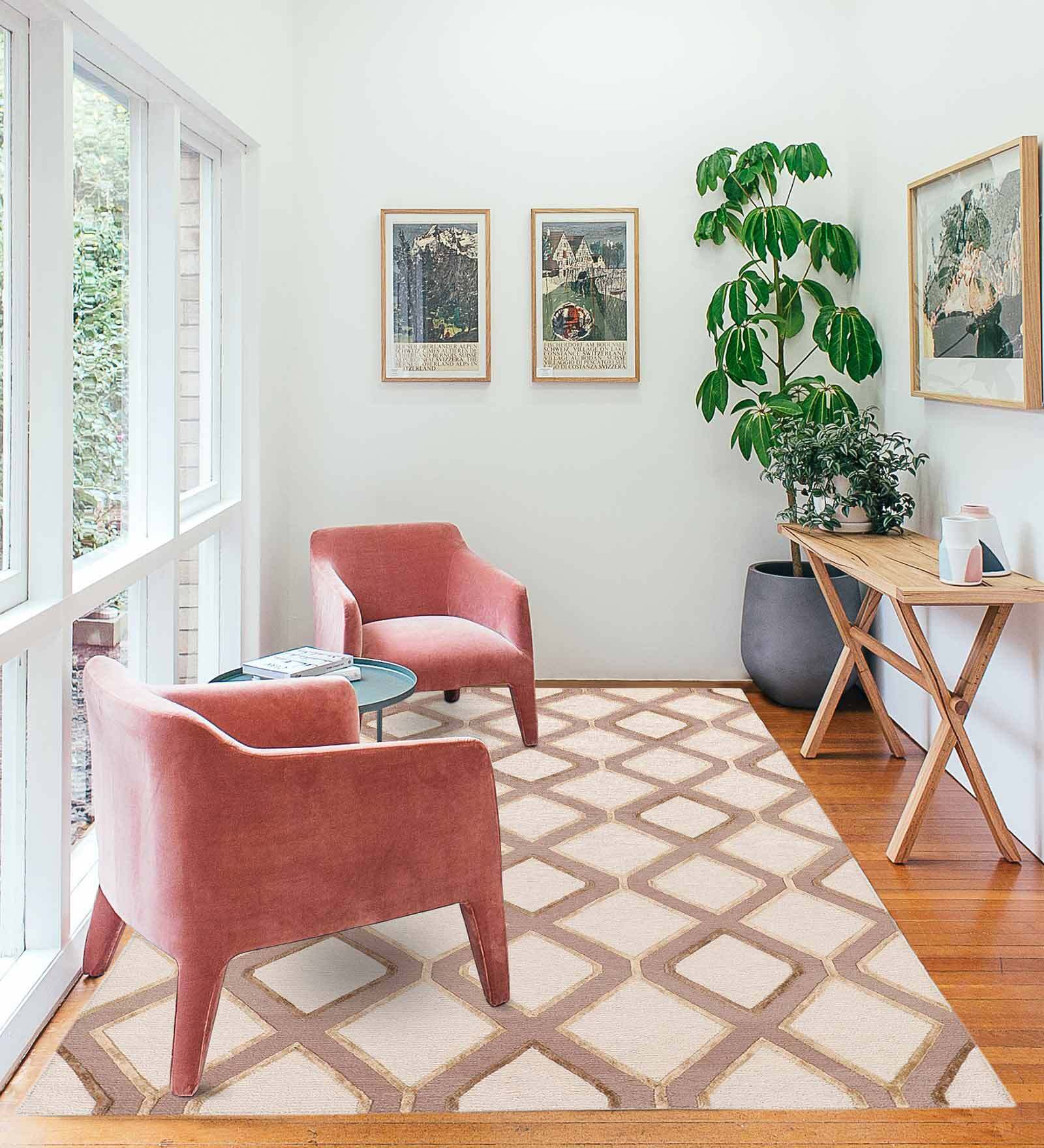 Beige  Wool & Viscose Abstract 6 x 9 Feet Hand Knotted Carpet