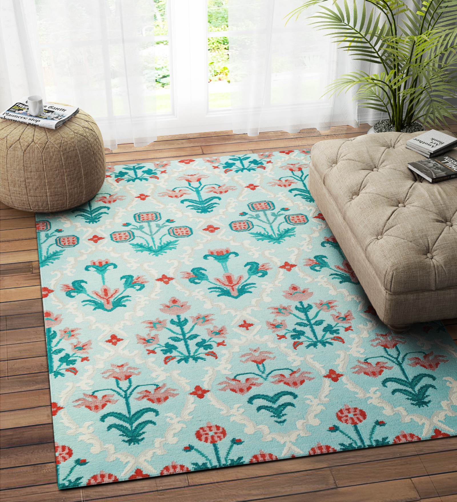 Green Wool Floral 84 x 60 Inches Hand Woven Dhurrie