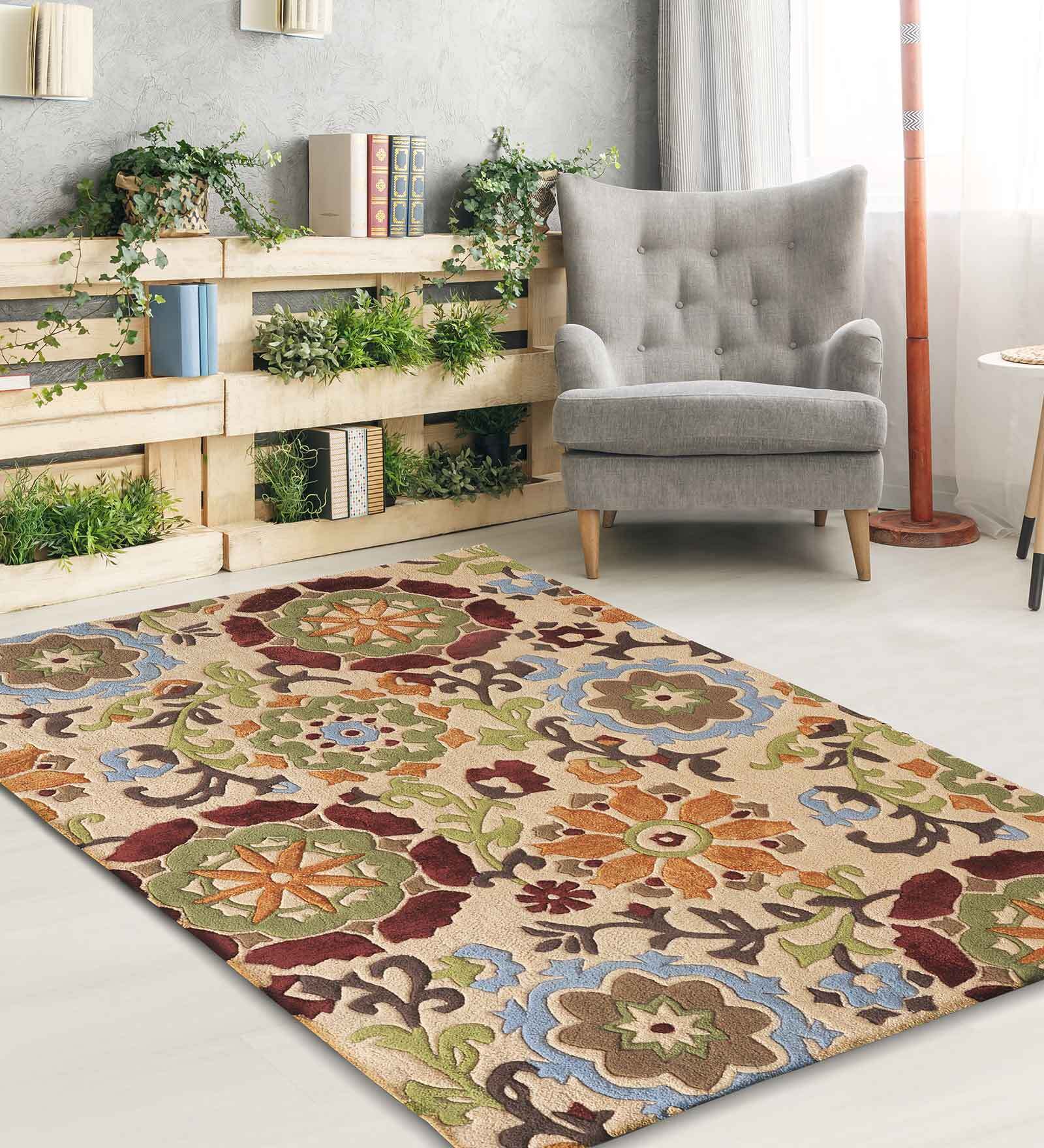 Buy Multicolor Wool And Art Silk Floral 5 x 7 Feet Hand Tufted Carpet