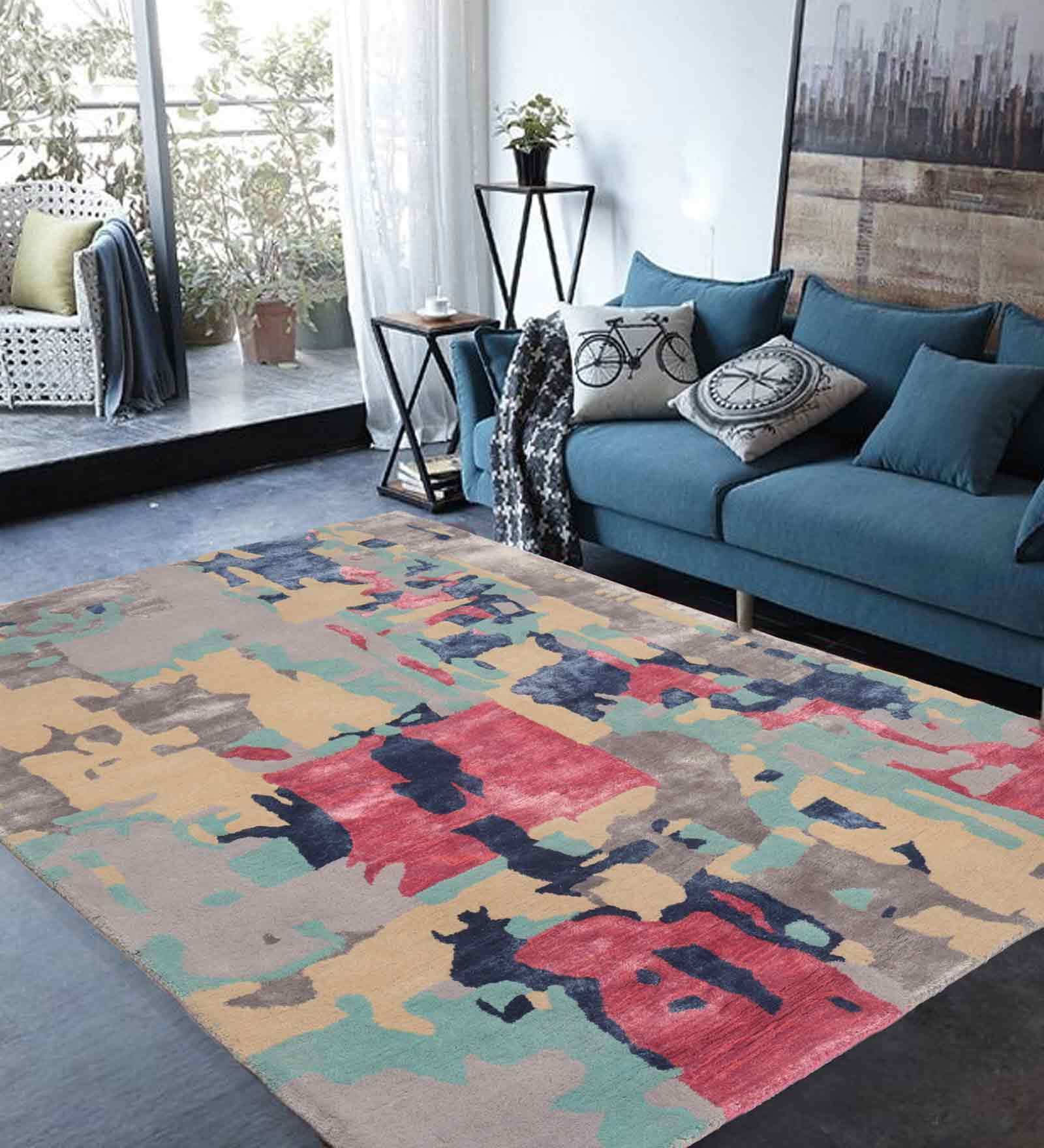 Buy Multicolor Wool and Viscose Abstract 5 x 7 Feet Hand Tufted Carpet