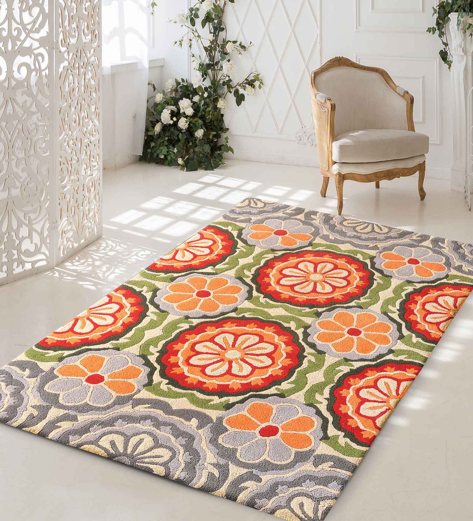 Buy Multicolor Floral Wool 4 ft x 6 ft Hand Tufted Carpet