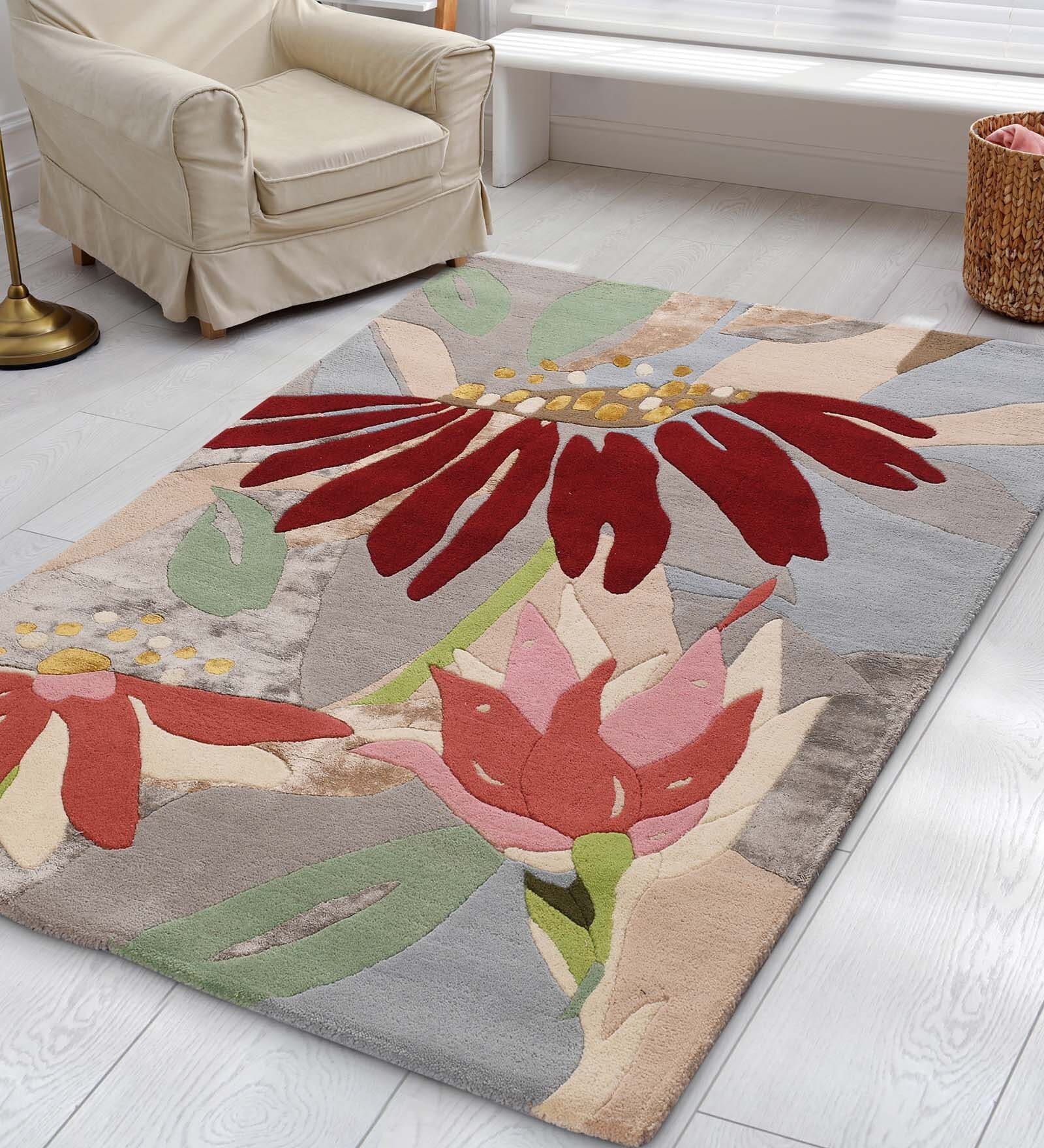 Buy Multicolor Wool Floral 6 ft x 9 ft Hand Tufted Carpet Carpet
