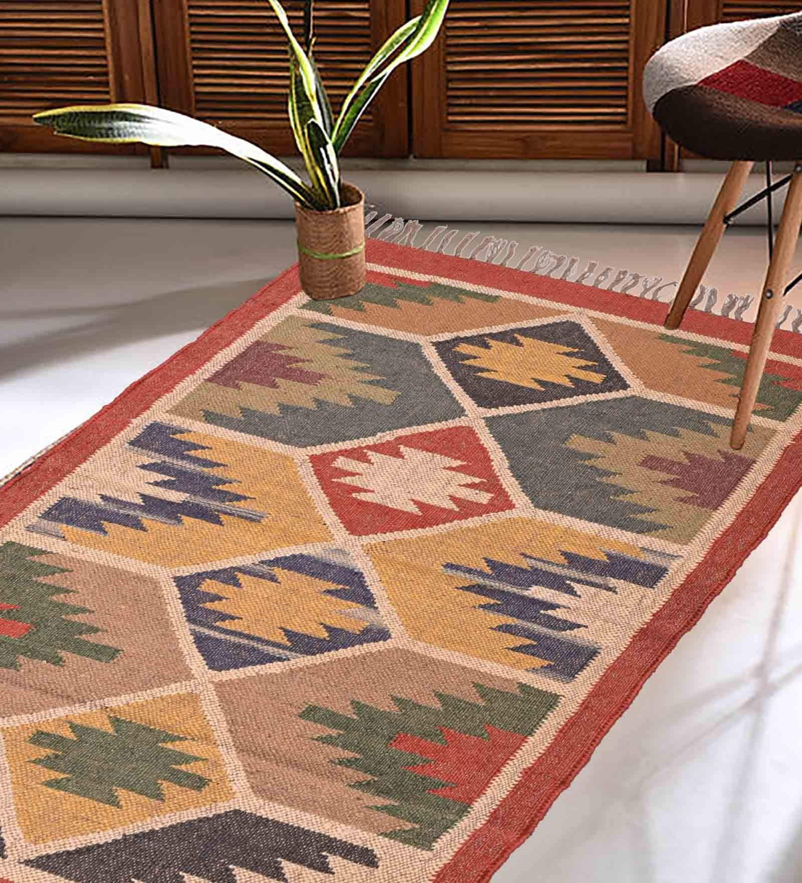 Multicolor Wool & Jute Abstract 108 x 72 Inches Hand Woven Dhurries