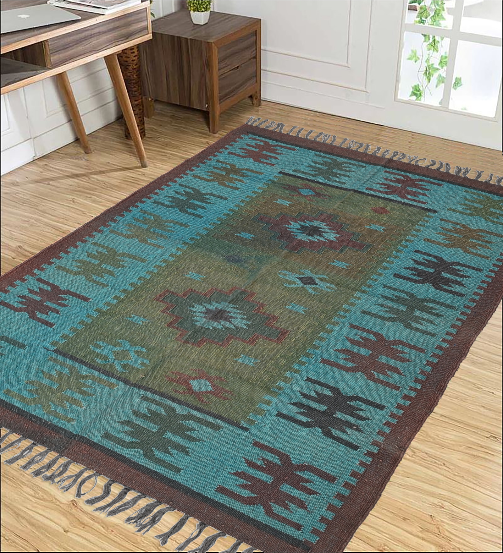 Blue Wool & Jute Abstract 60 x 36 Inches Hand Woven Dhurries