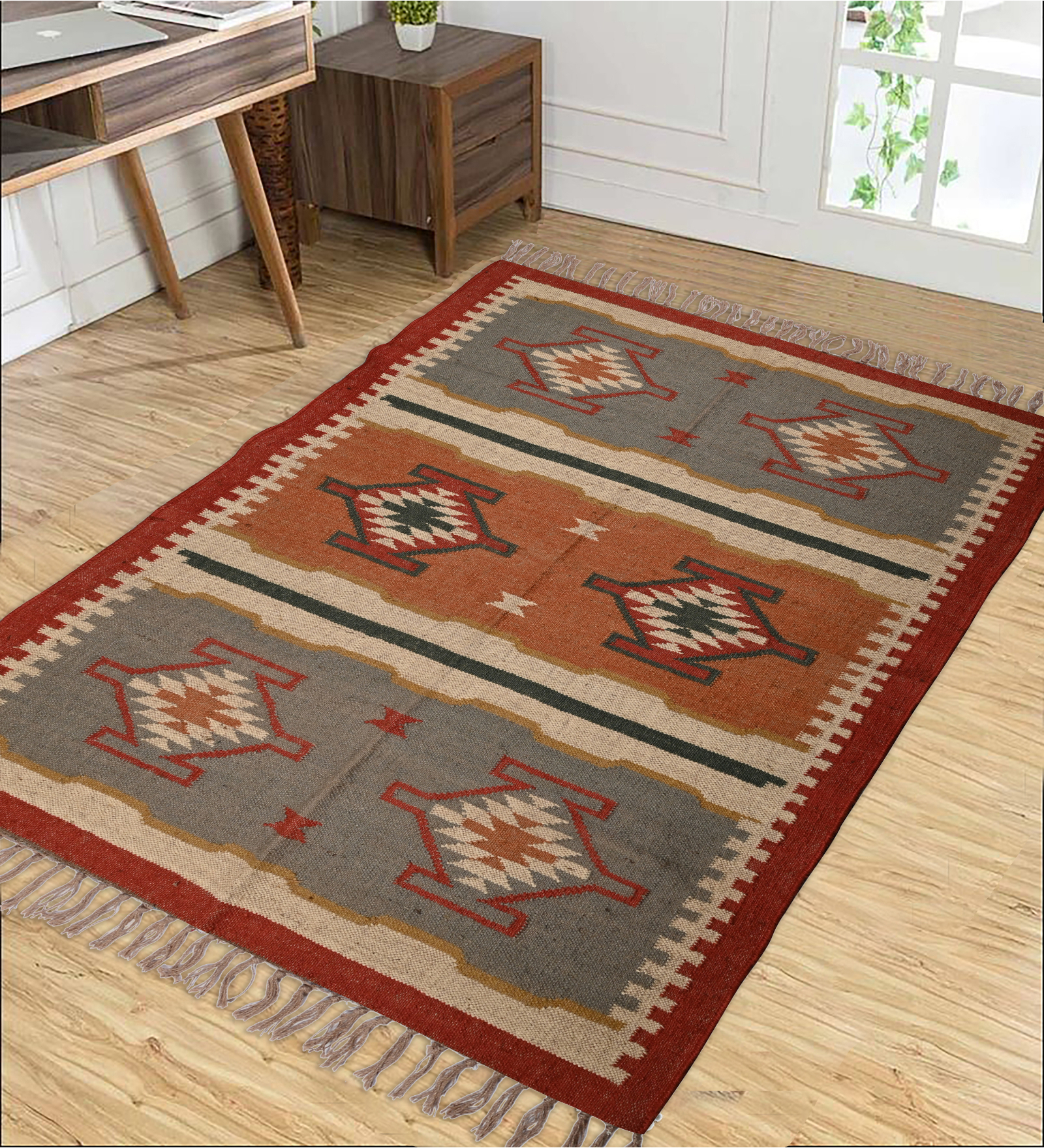 Multicolor Wool & Jute Geometric 60 x 36 Inches Hand Woven Dhurries