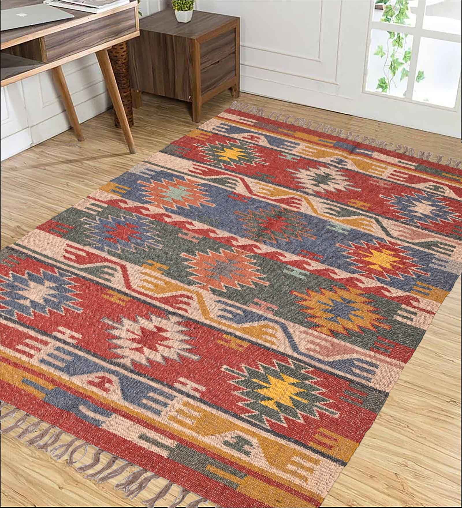 Multicolor Wool & Jute Abstract 72 x 48 Inches Hand Woven Dhurries