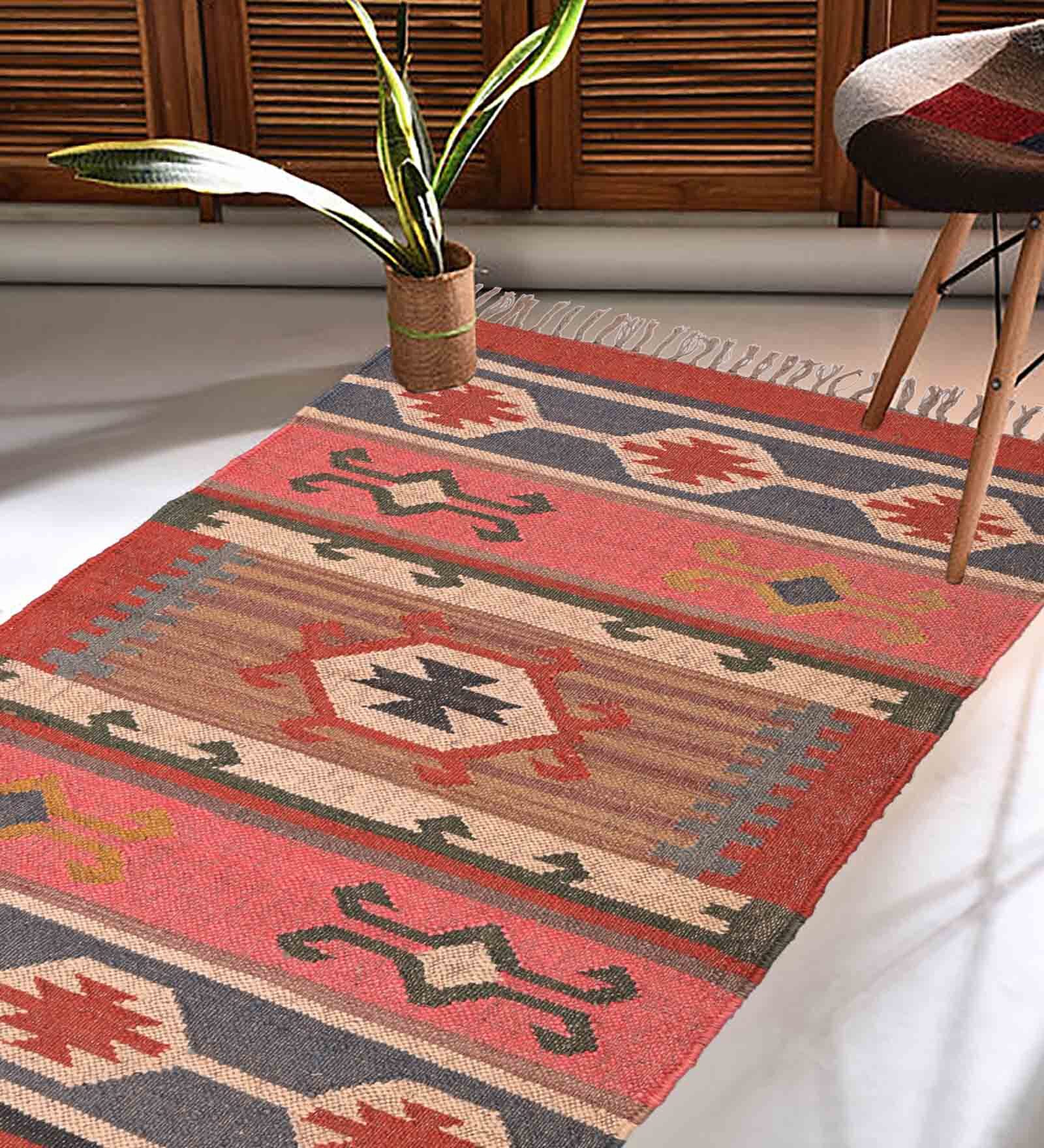 Multicolor Wool & Jute Traditional 96 x 60 Inches Hand Woven Dhurries