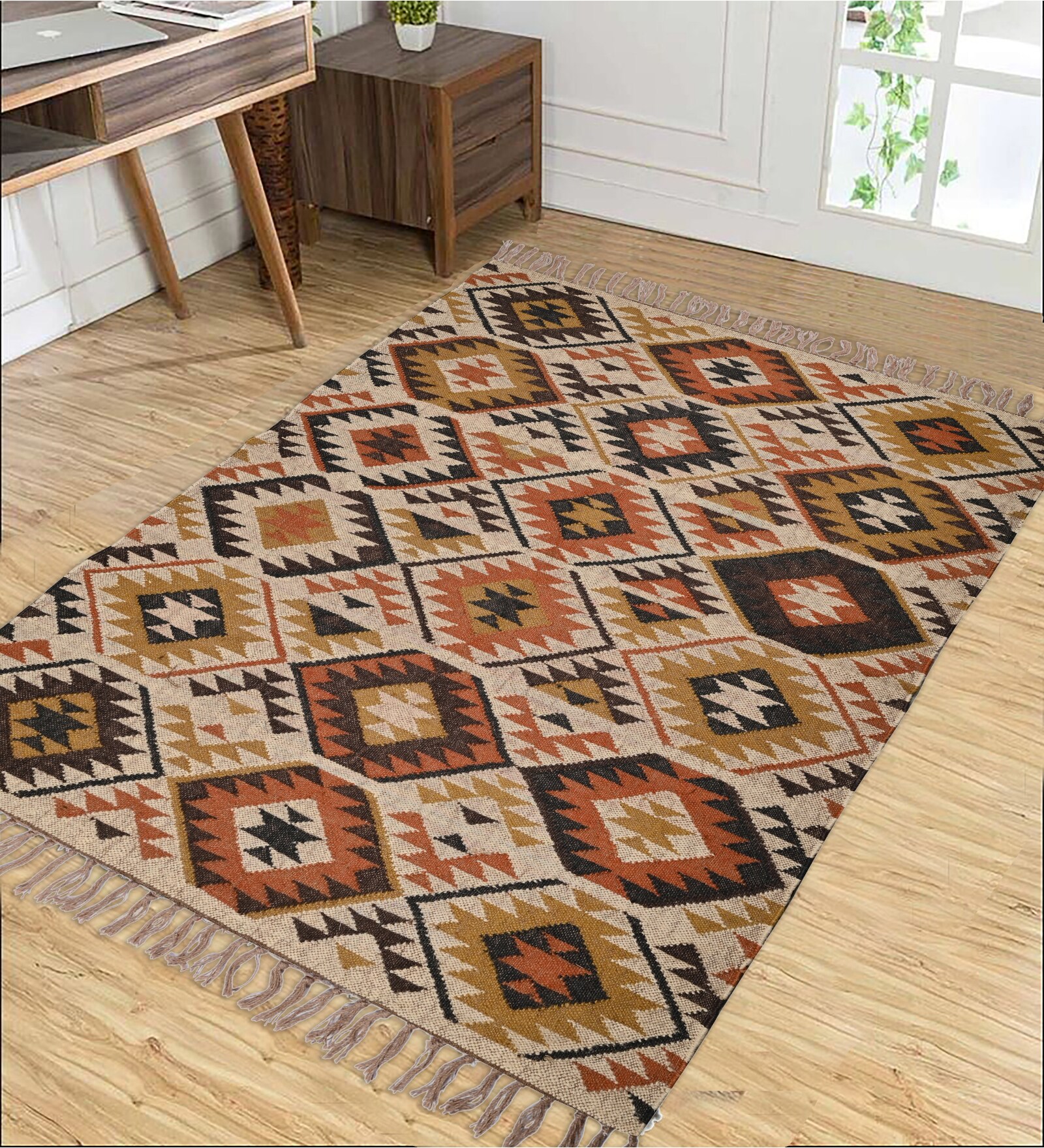Multicolor Wool & Jute Geometric 96 x 60 Inches Hand Woven Dhurries