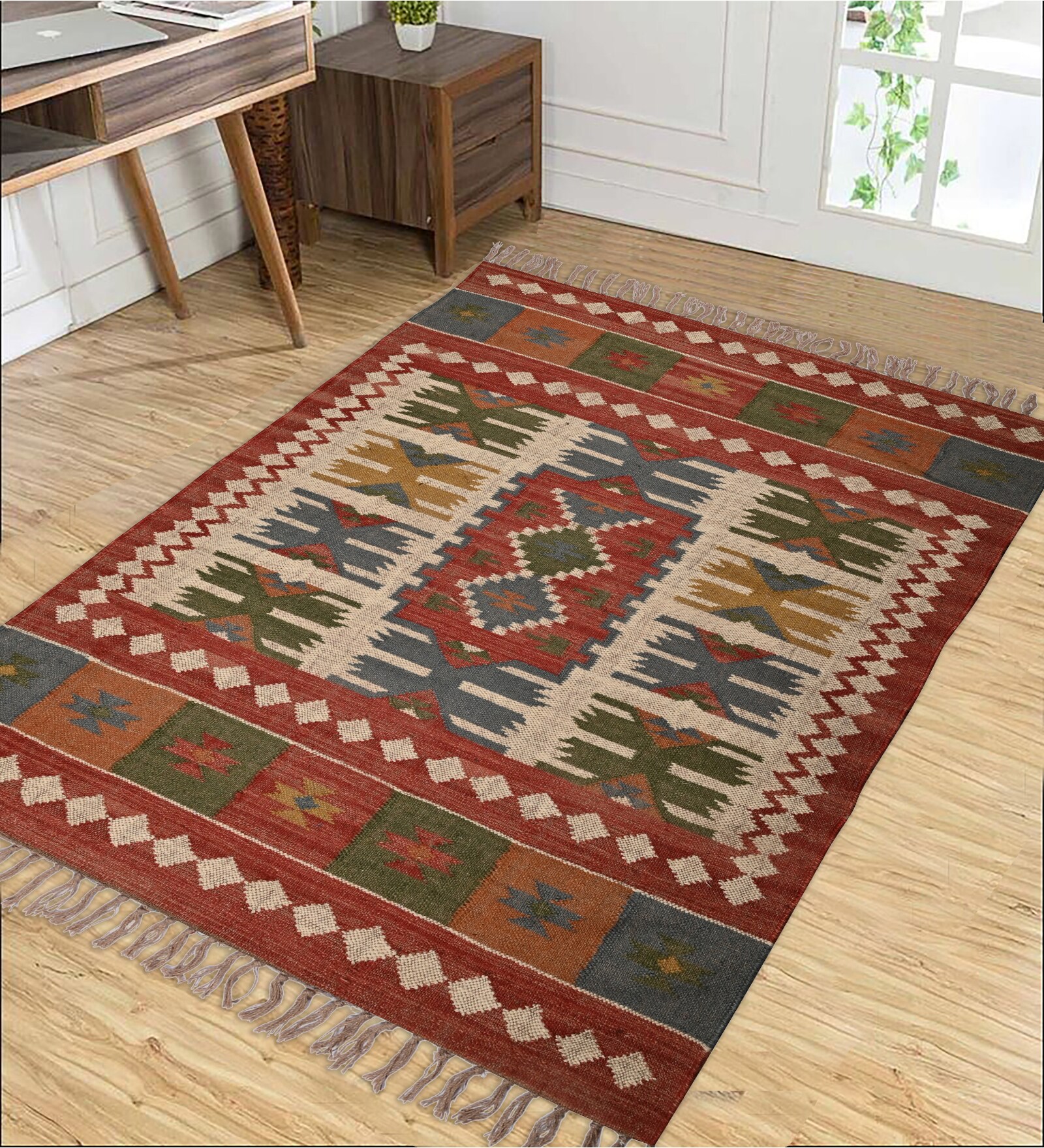 Multicolor Wool & Jute Traditional 96 x 60 Inches Hand Woven Dhurries
