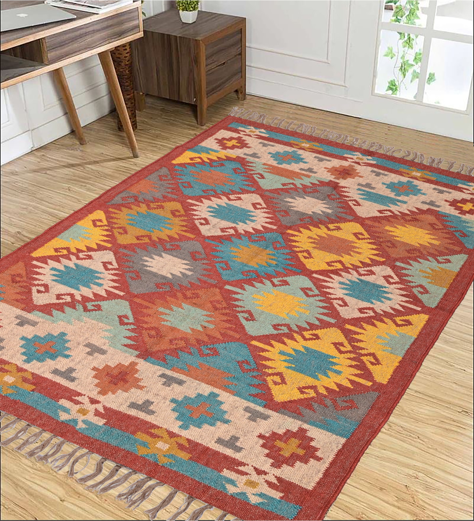 Multicolor Wool & Jute Abstract 96 x 60 Inches Hand Woven Dhurries