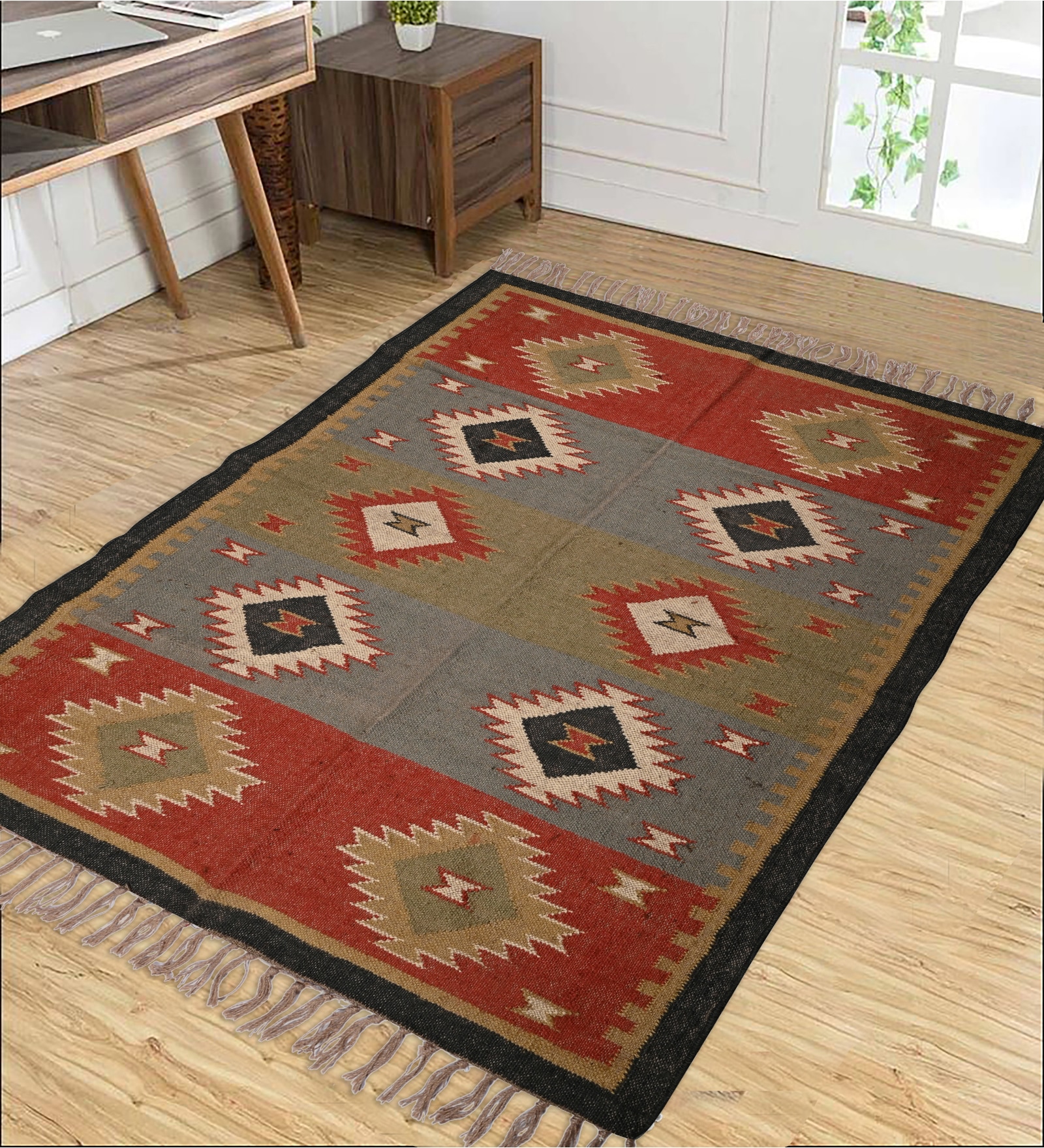 Multicolor Wool & Jute Geometric 96 x 60 Inches Hand Woven Dhurries