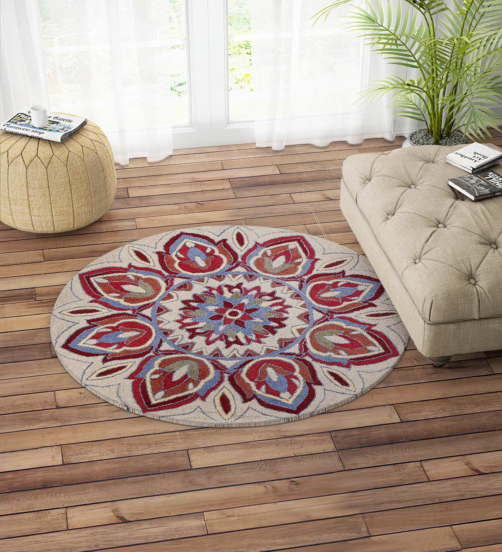 Buy Multicolor Floral Wool 4 ft x 4 ft Hand Tufted Round Carpet at 37% ...