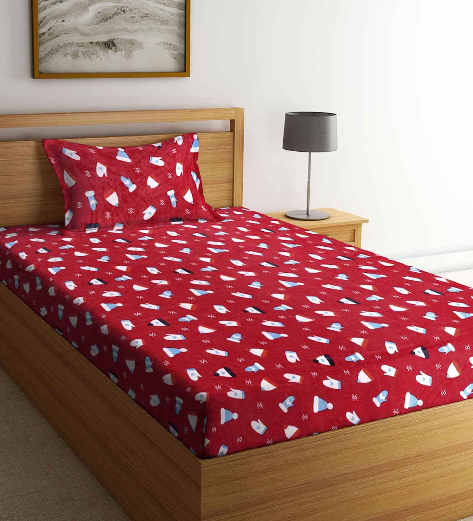 Red Cartoon Characters Woolen Single Bed Sheet with Pillow Cover