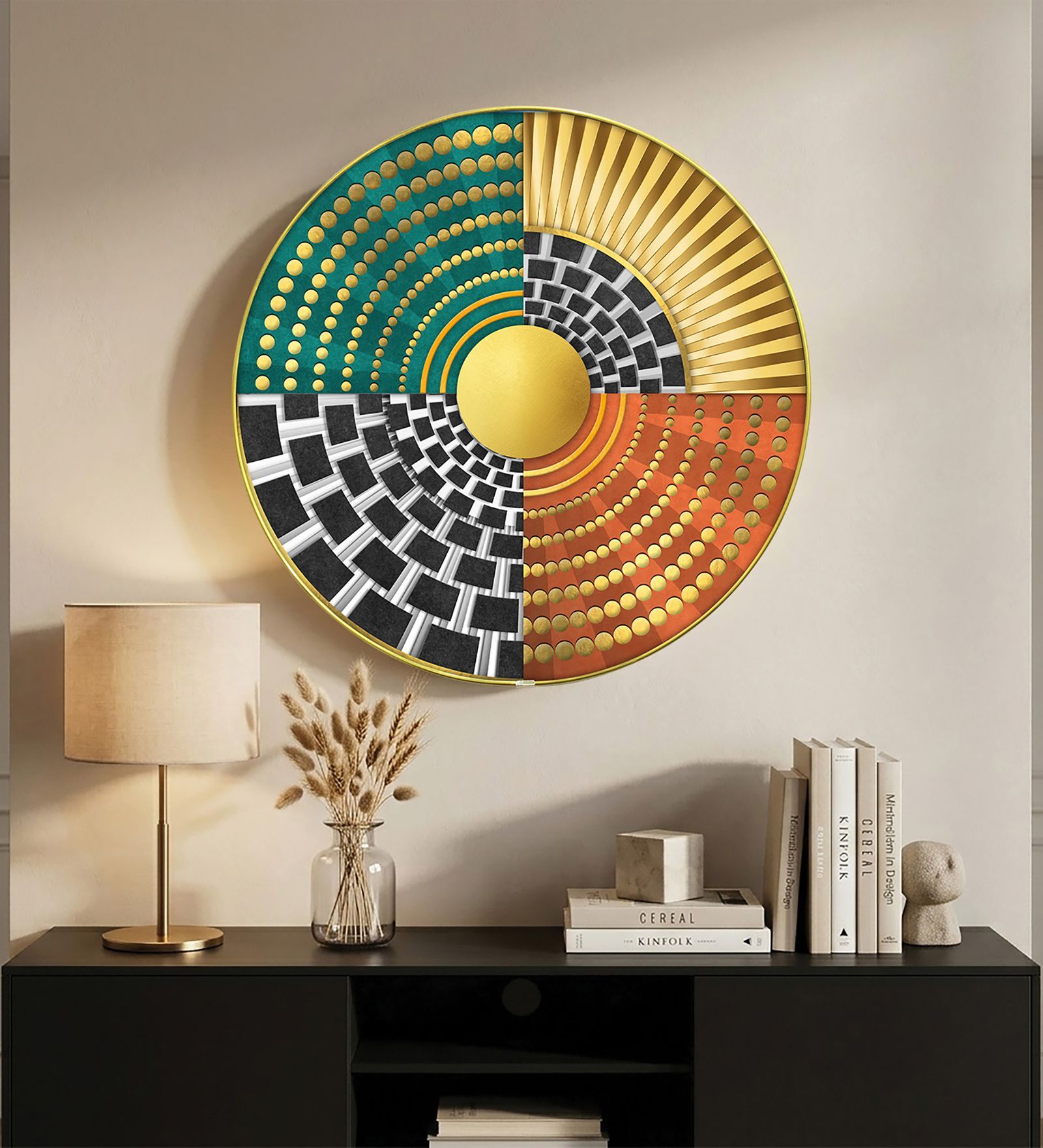 Multicolour & Gold Abstract Round Wall Art 15 Inch