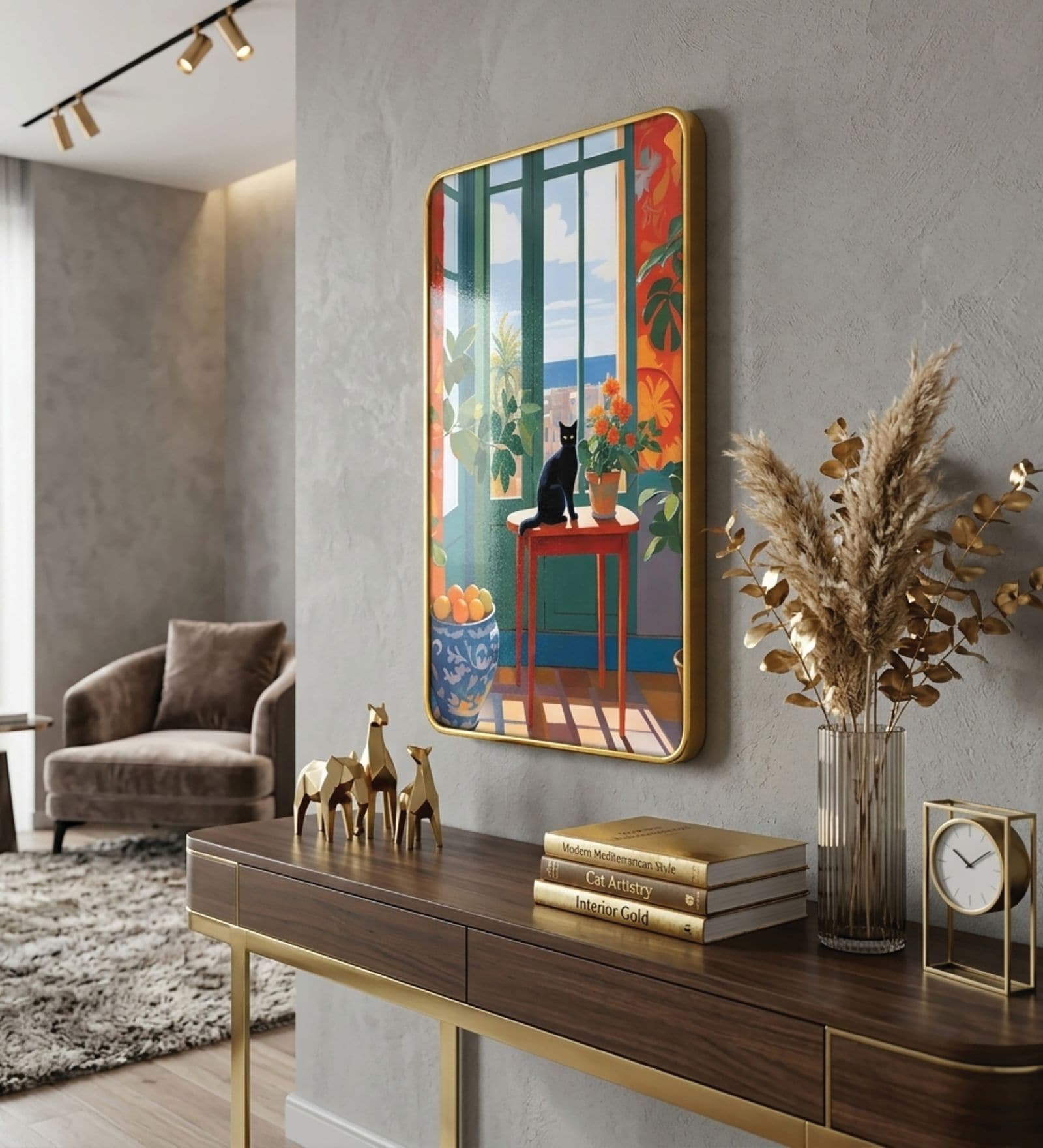 Multicolour & Gold Cat Rectangular Wall Art 12 x 18 Inch